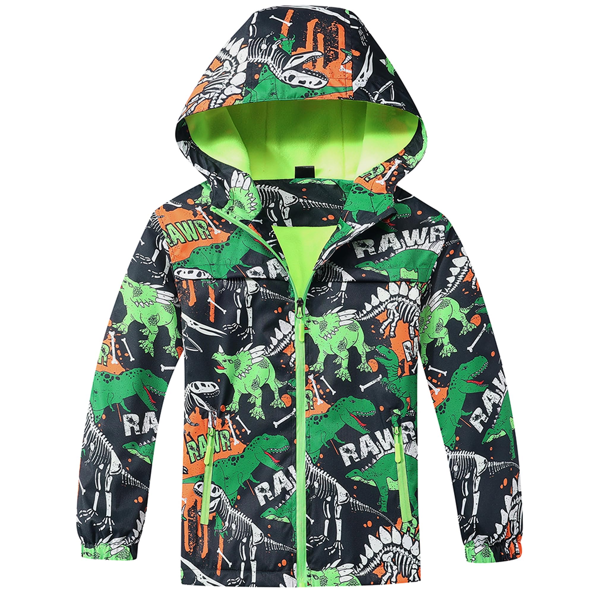 Fewlby Giacca Impermeabile Bambino, Poncho Impermeabile Ragazzi Giacca a Vento con Cappuccio Cappotti da Pioggia Dinosauri Giacche Antipioggia Foderato in Pile Capispalla, 3-4 Anni