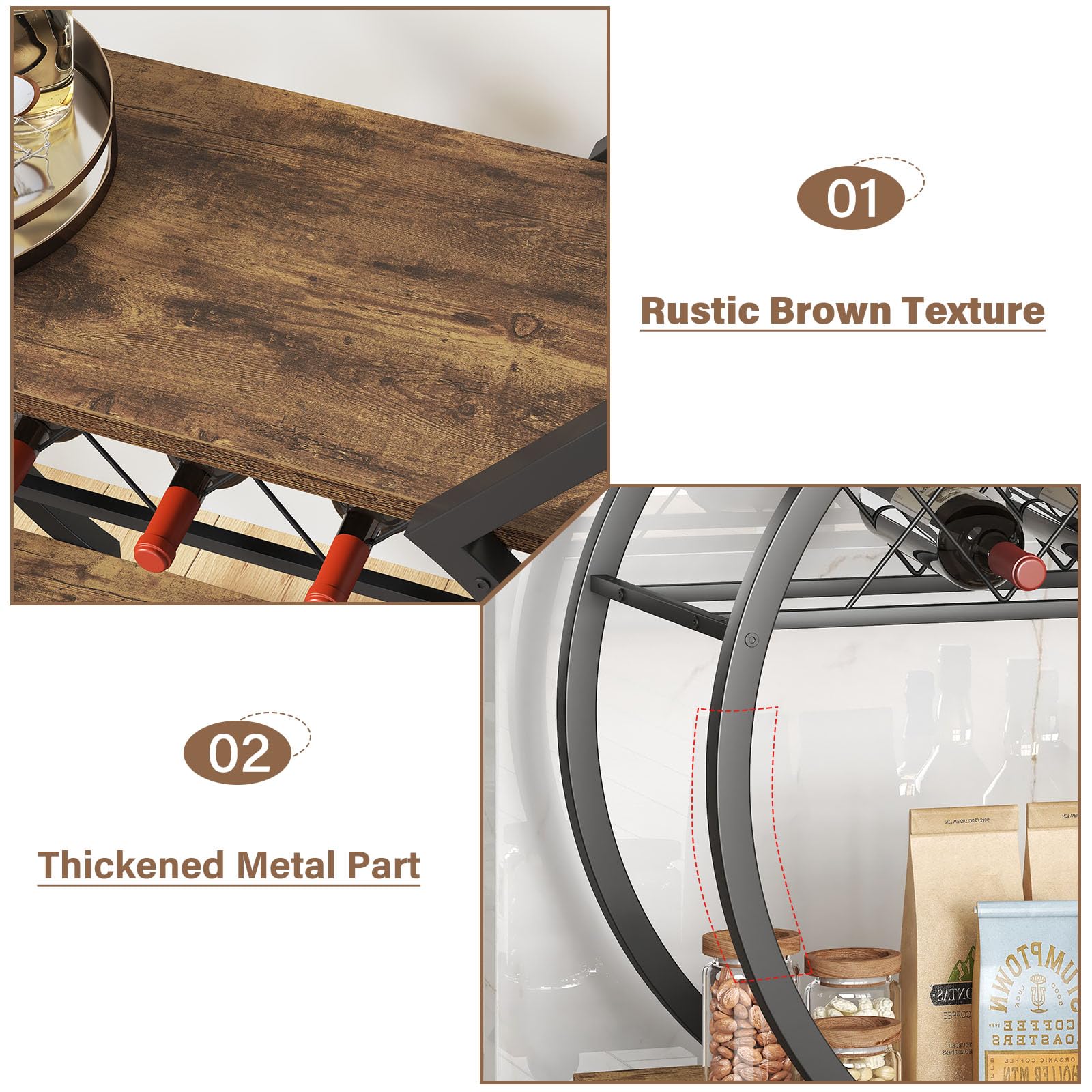 LVB Industrial Kitchen Bar Cart, Farmhouse Beverage Serving Liquor Cart with Wheels, Wood and Metal Rolling Wine Cart with Storage Shelf, Microwave Drink Cart for Home Living Dining Room, Rustic Brown