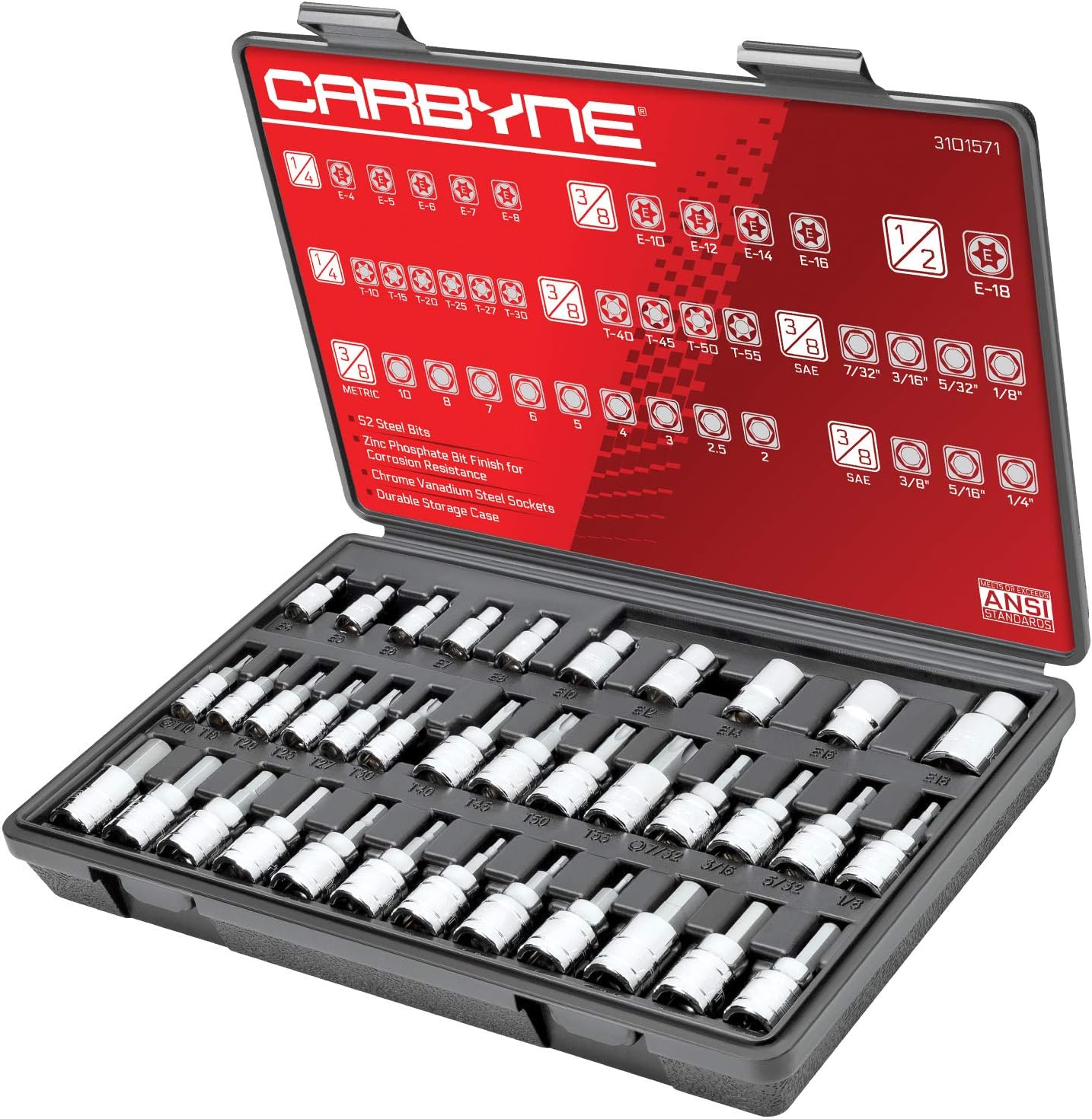 CARBYNE 36-Piece Hex (Allen) Torx Bit Socket and E-Torx Set, SAE and Metric, S2 Steel Bits, CrV Sockets, 1/4 in. 3/8 in. 1/2 in. Drive, Zinc Phosphate, Genuine Licensed Torx, Durable Case