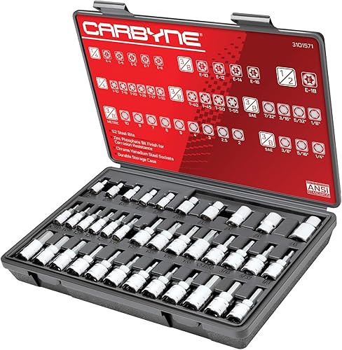 CARBYNE Juego de 36 piezas hexagonales (Allen), puntas Torx y E-Torx | Incluye brocas métricas de 0.079 in a 0.394 in, SAE 1/8 pulgadas - 3/8