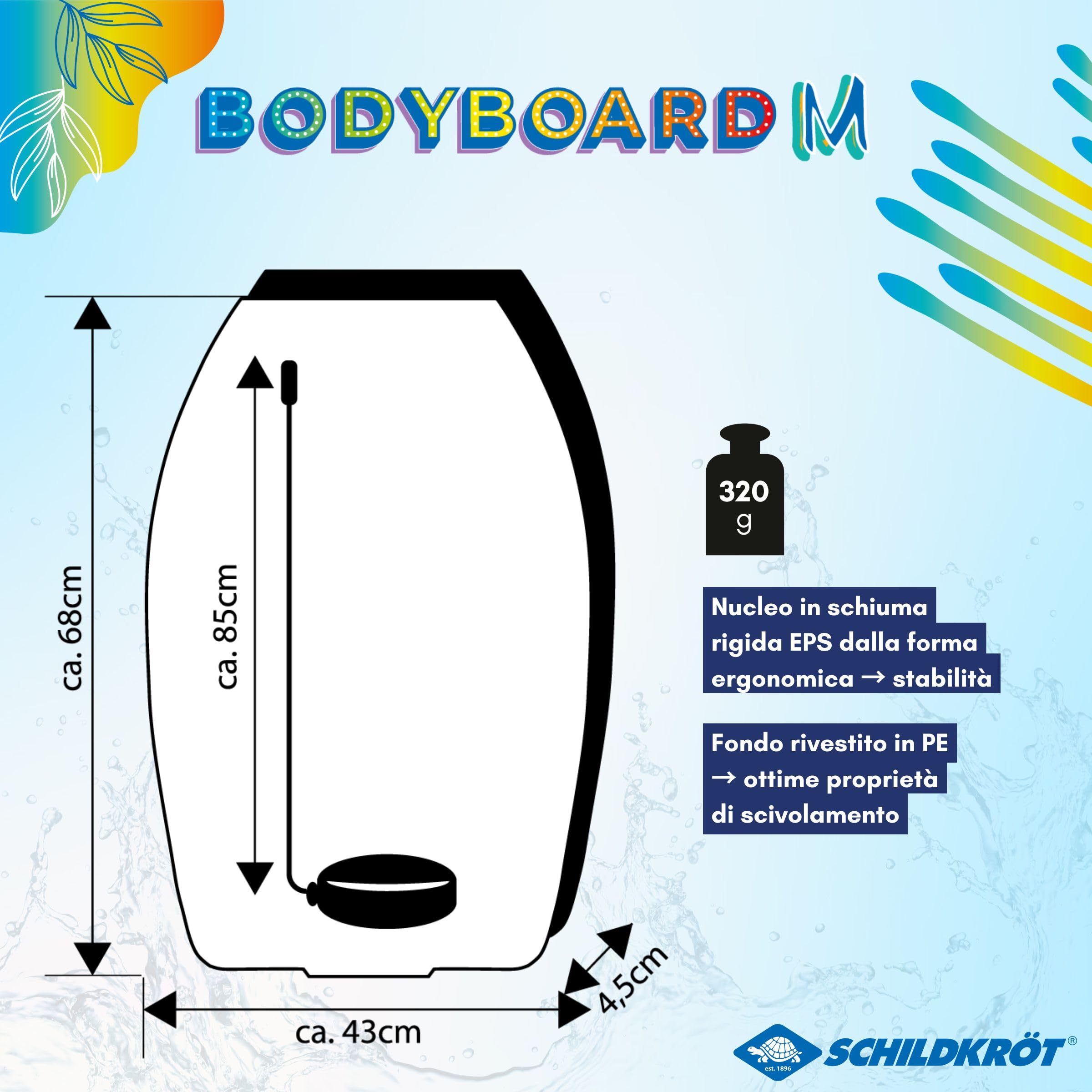 Schildkröt Bodyboard M, con Rivestimento in Nylon e Schiuma EPS, Include Cinghia di Sicurezza per Fissaggio a Mano o Piede, Peso Massimo: 60 kg, 970321