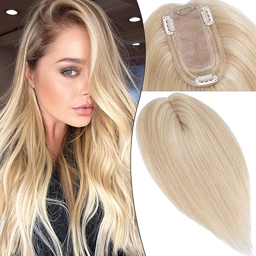 S-noilite Topper Hiar Piece - Parte superior de seda para mujer, 130 % de densidad, hecho a mano, clip en la parte superior, parte media, cabello