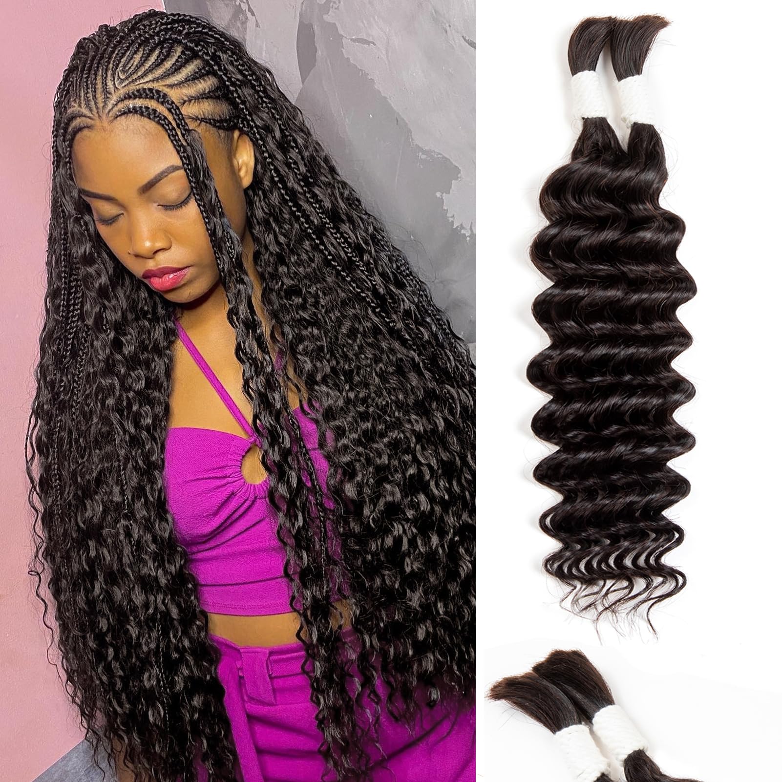 Human Hair Braiding Hair Deep Water Wave 2 Bundles/Pack 50g 16 Inch Natural Color, Bulk Human Hair Braiding Hair for Boho Braids