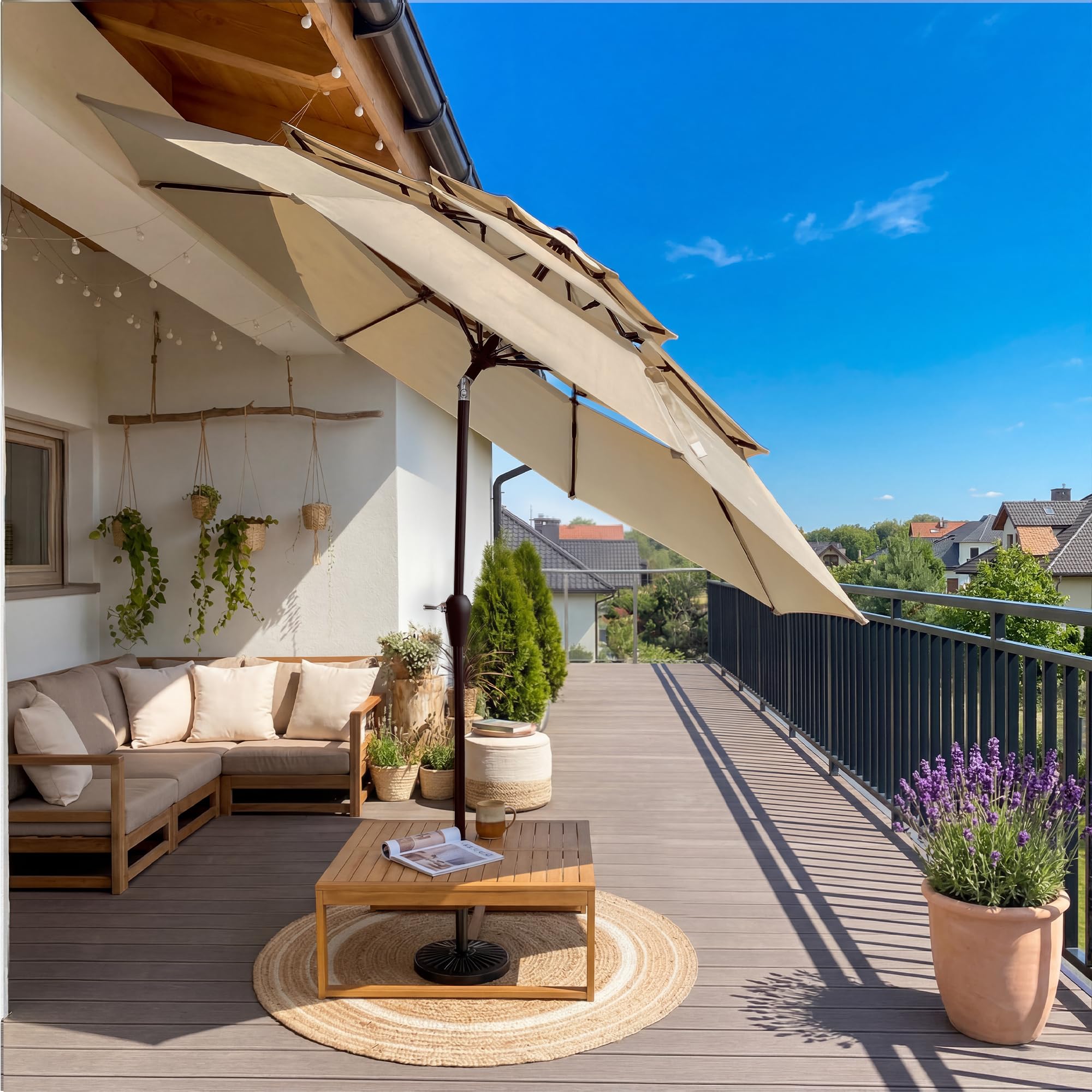 LUE BONA Ombrellone da Giardino 300 cm a 3 Livelli, Parasole Esterno con Inclinazione Regolabile e 8 Stecche in Vetroresina per Patio Piscina Terrazzo Mare