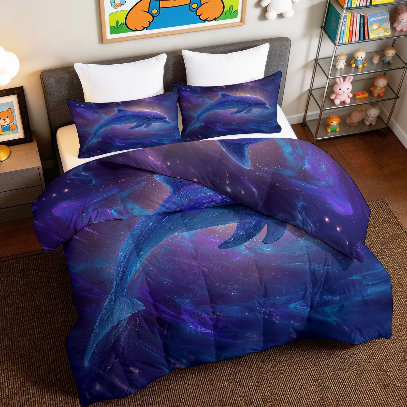 Générique Viola 200 x 200 cm Piumino 4 stagioni Animale Fantasia Delfino Cielo Stellato Trapunta Estate per Letto 2 Persone, Rami Grigii Edredon Legere, Reversibile Lavabile Piumone Senza Houss