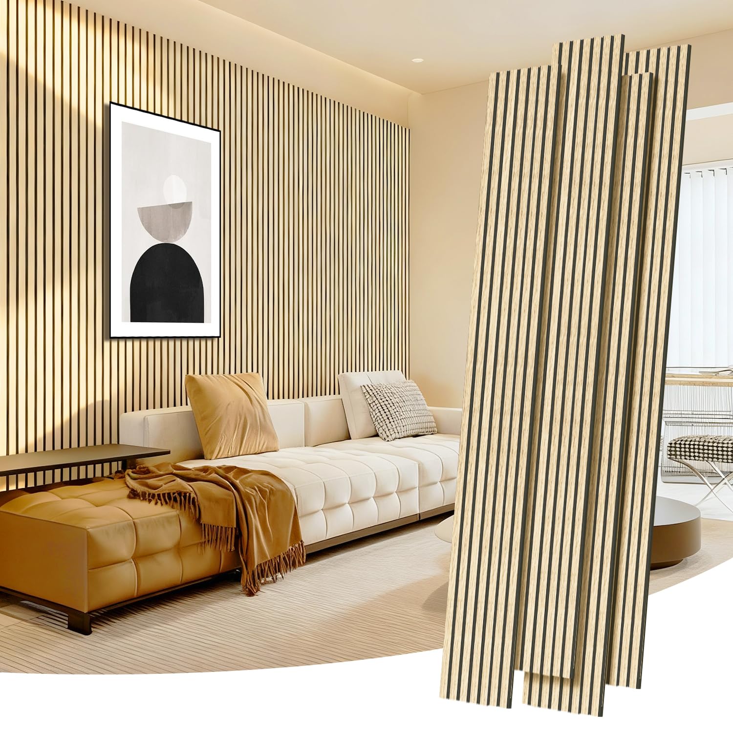 Photo 1 of RITOLLO Wood Panels for Wall, Acoustic Wall Panels 92.5 x 11 in, 4 Pack, 3D Wood Slat Sound Absorbing Panels for Interior Wall Decor, Home Office Studio (Oak)