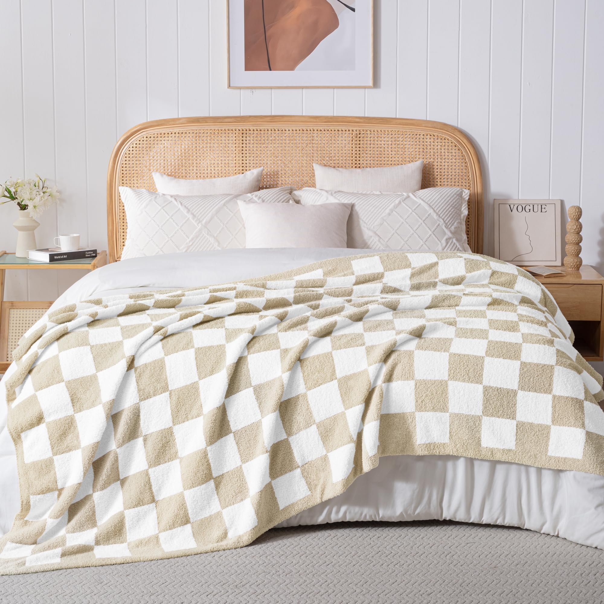 Exclusivo Mezcla Karierte Decke, Weiche Gestrickte Kuscheldecke, Kuschelige Karo Fleecedecke, Leichte Flauschige Decke für Sofa und Bett, 220x240 cm, Khaki