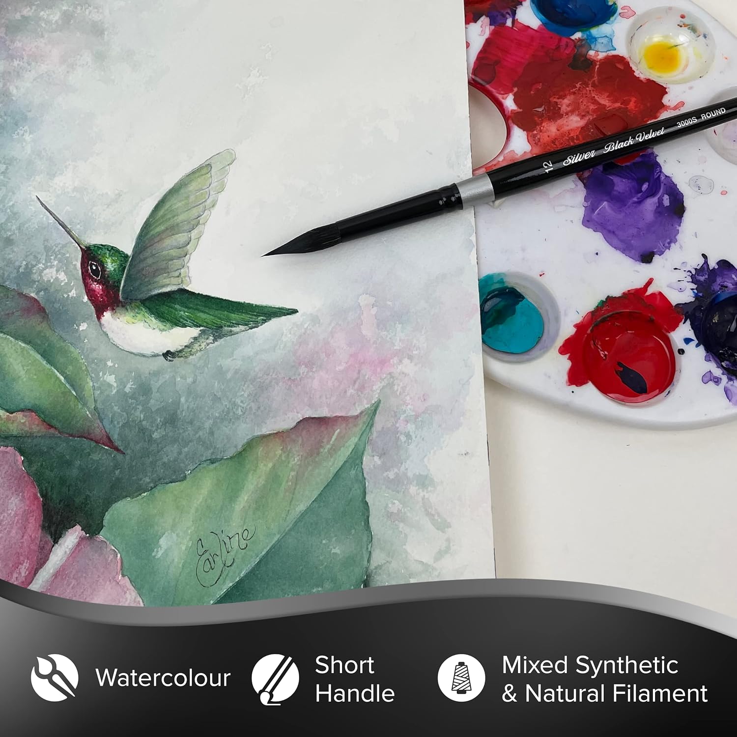 Silver Brush Limited 3000S-12 Black Velvet Round Paintbrush for Watercolor, Gouache, Inks, & Dyes, Size 12, Short Handle