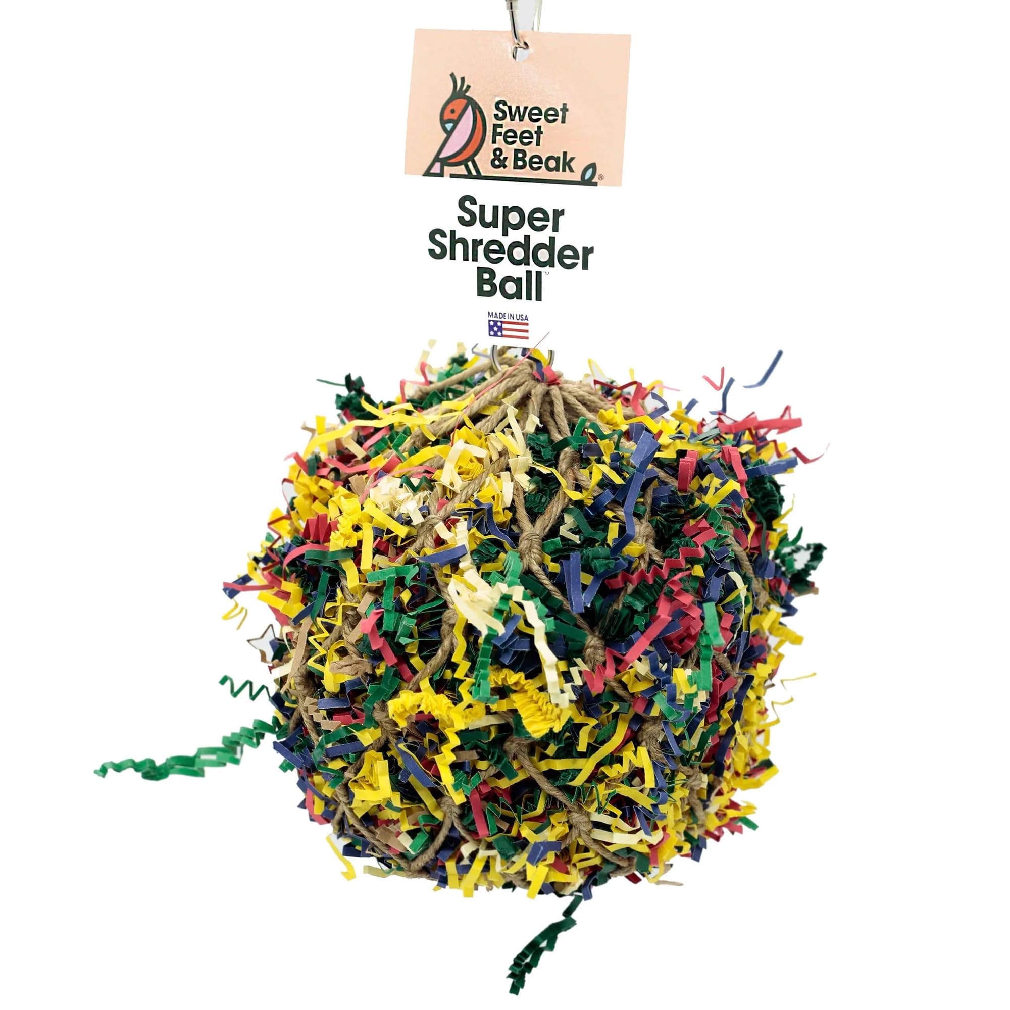 3” Super Shredder Ball Bird Toy - Fun Foraging Toys for Birds w/ Colorful Paper & Wooden Treasures - Easy to Hang Shredding Toys for Birds - Bird