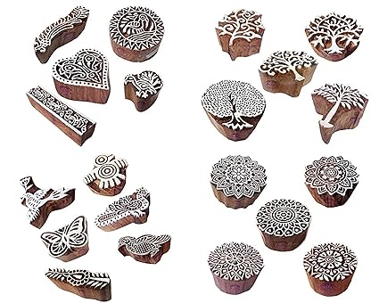 GIRLYZ Attire Assorted Arts Floral Leaf Design Wooden Art Printing Block Stamp for Hand Carved Printing Stamp Block for Mehandi Printing Craft Saree Border Painting (Design May Vary) Set of (3)