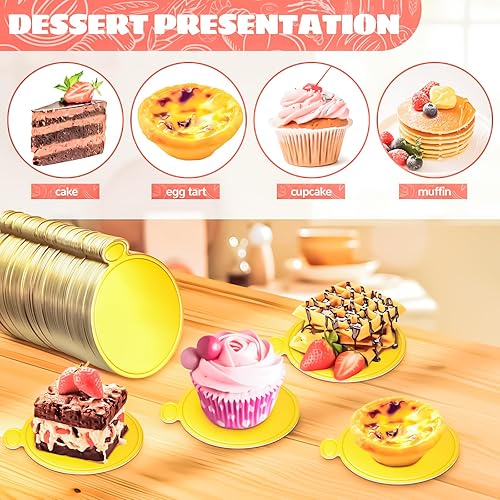 Vista 25 de MotBach 200 piezas de cartón dorado redondo, mini tableros redondos de 3.5 pulgadas, base de pastel de mousse, tablero de papel para pastel, cartón
