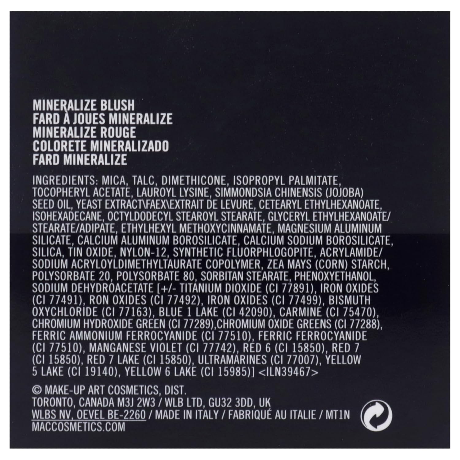 Ingredients list on MAC Mineralize Blush packaging