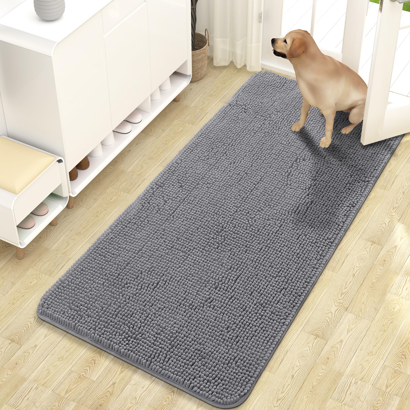 OLANLY Dog Door Mat for Muddy Paws, Absorbs Moisture and Dirt, Absorbent Non-Slip Washable Mat, Quick Dry Microfiber, Mud Mat for Dogs, Entry Indoor Door Mat for Inside Floor(47x24 Inches, Grey)