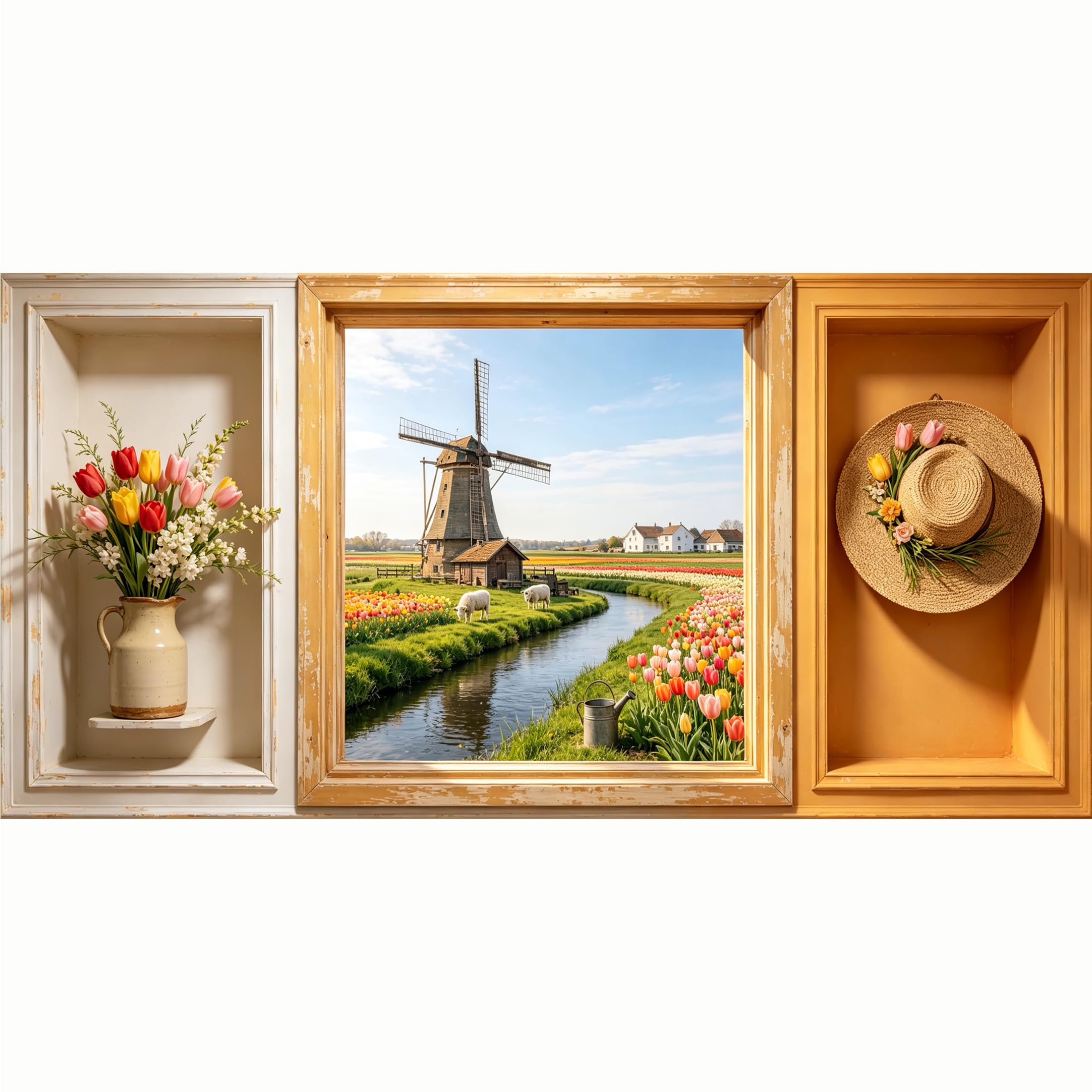 QZLITHOTIC 50x100cm 3D Framed Wall Art， Dutch Windmill Tulip Field Farmhouse SelfAdhesive Mural， WaterActivated Peel & Stick Fabric Decor Wall Decal for Bedroom Living Room