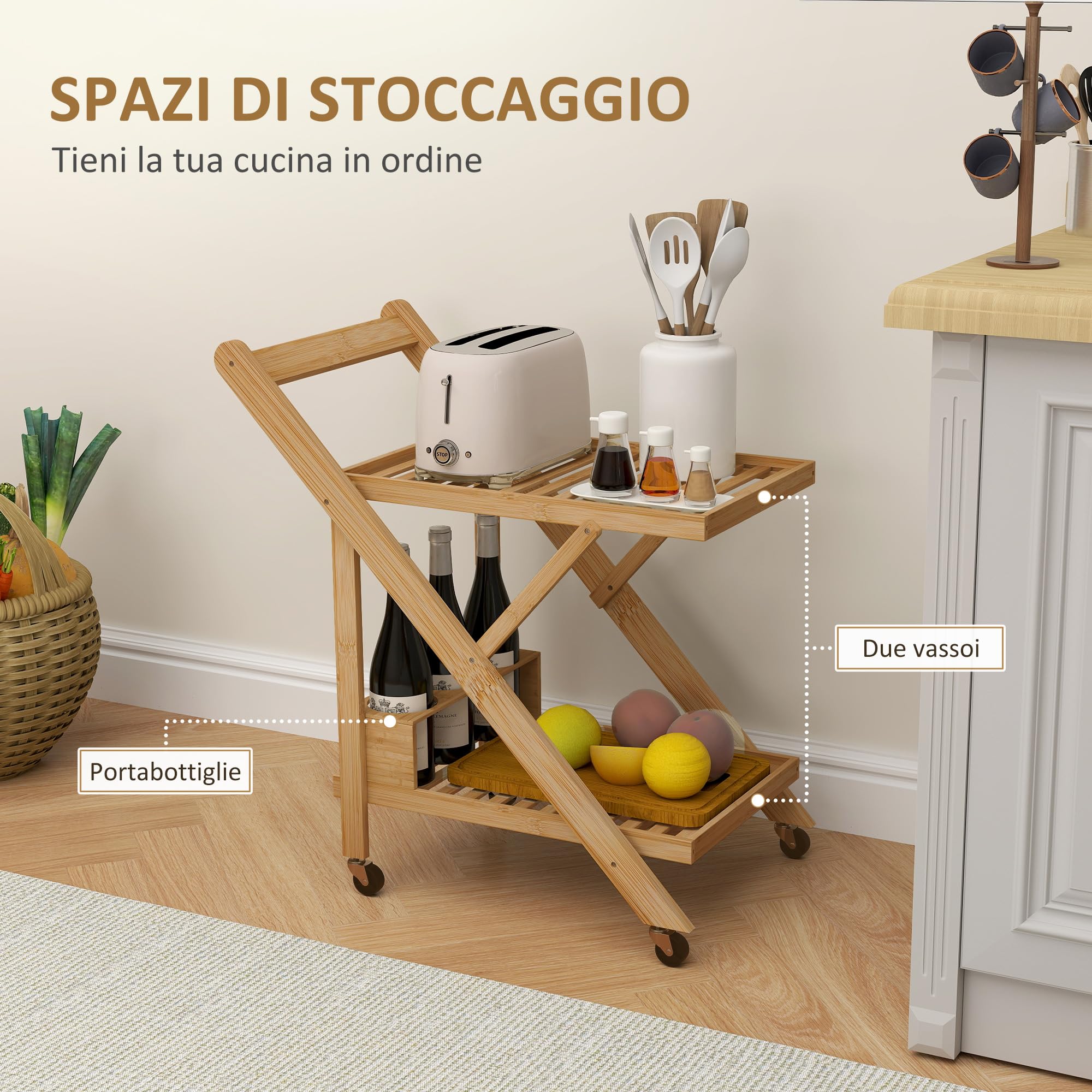 HOMCOM Carrello da Cucina a 2 Livelli Pieghevole con Ruote, Carrello Portavivande da Portata con Portabottiglie in Legno di Bambù a Doghe, 66x40x70 cm, Naturale