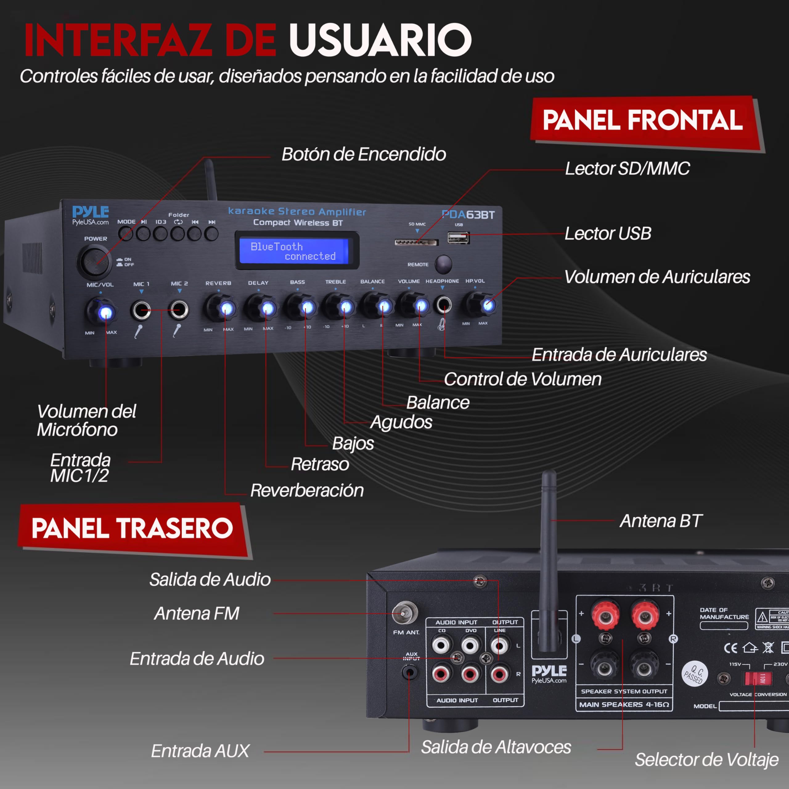 Pyle Amplificador Estereo BT, Inalambrico, Multicanal, 200V, para el hogar, Radio FM, USB, SD, AUX, RCA, Entrada de microfono