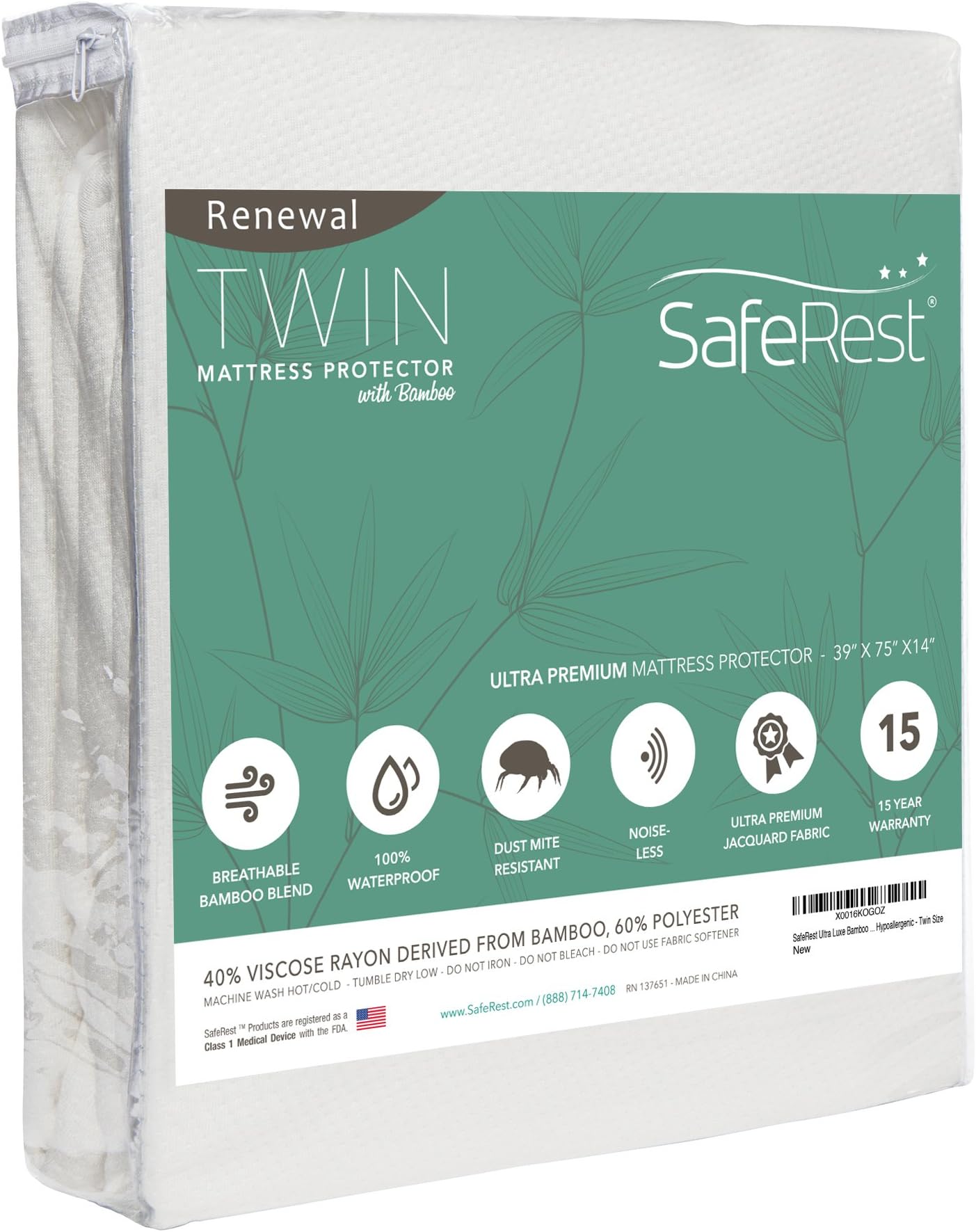 SafeRest Renewal Derived Viscose Rayon Mattress Pad Protector Cover – Waterproof, Breathable and Vinyl Free - Twin Size