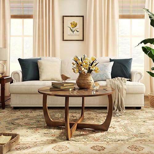 Miniatura 3 de PADMA HOUSE Mesa de centro redonda de madera con patas curvas, mesa de cóctel de granja para sala de estar, mesa central de madera de círculo