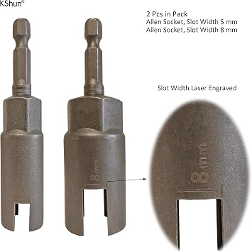 Allen Sockets 2 Pieces Slot Width 5 and 8 mm Cr-V Steel 1/4 Inch Hex Shank Drive 80 mm Long for Impact Driver Electric Screwdriver Fastening Screw-in Hooks, Cup Hooks M3 to M8.5, and Butterfly Nuts