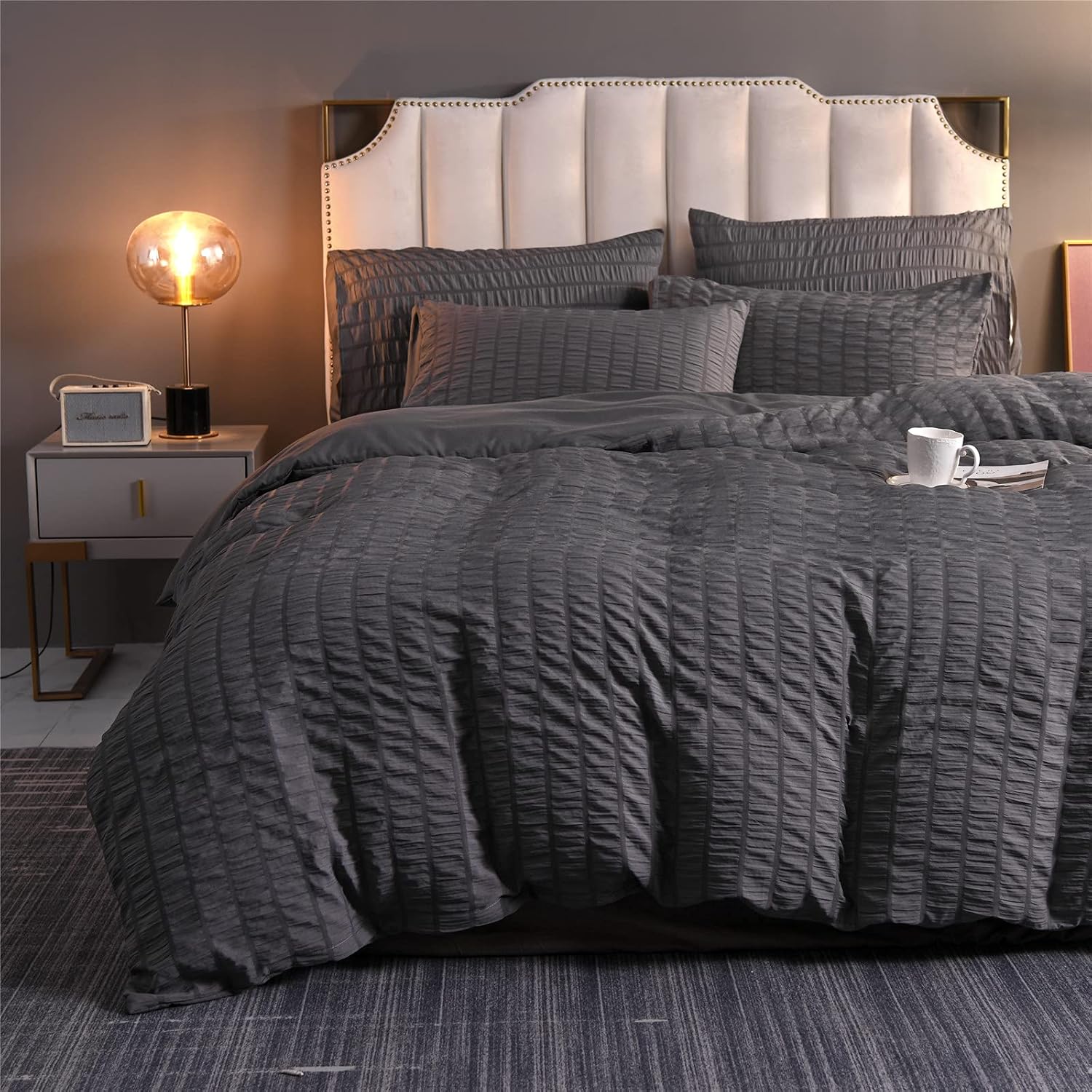 A Nice Night Seersucker Chic Comforter Set,Hotel Style Bedding Set,Soft Microfiber and Durable Bedding Set for All Seasons (Dark-Grey, Queen(88-by-88-inches))