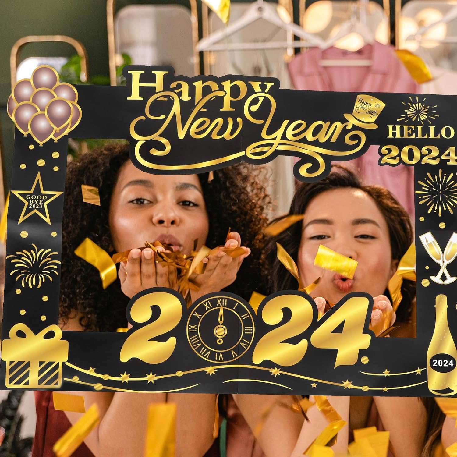 LUOZZY 2024 Happy New Year Photo Booth Frame Paper Selfie Frame Photo Props for 2024 New Year Eve Party Favors Supplies - Black Gold