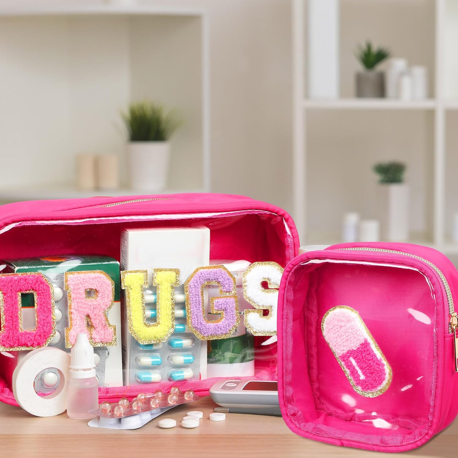 Hillban 2 Pcs Medicine Letter Bag Gift Chenille Preppy Clear Nylon Portable Makeup Meds Cases for Travel PVC Transparent Mini First Aid Storage Bag for Women(Stylish) - Image 3