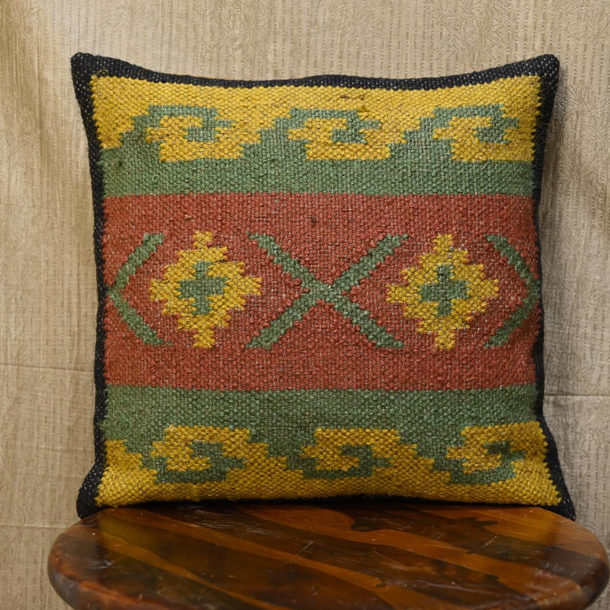 Jaipur Kilim Rugs Klim Jute Pillow Cover 18x18 Boho Tribal Decorative Throw Pillow Case, Handwoven Kilim-Style Burlap Cushion Cover for Sofa (Cover Only) (1, WKJ_Multi Colour_C_22)