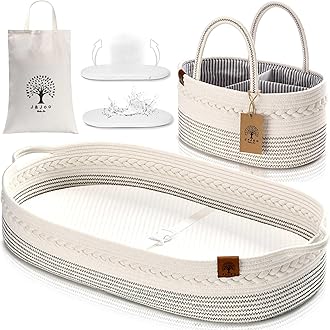 Baby Changing Basket Includes Diaper Caddy - Soft & Waterproof Dual-Cover, Portable, Changing Pad for Dresser & Changing Table, Gift for Baby Shower, Organic Cotton Rope