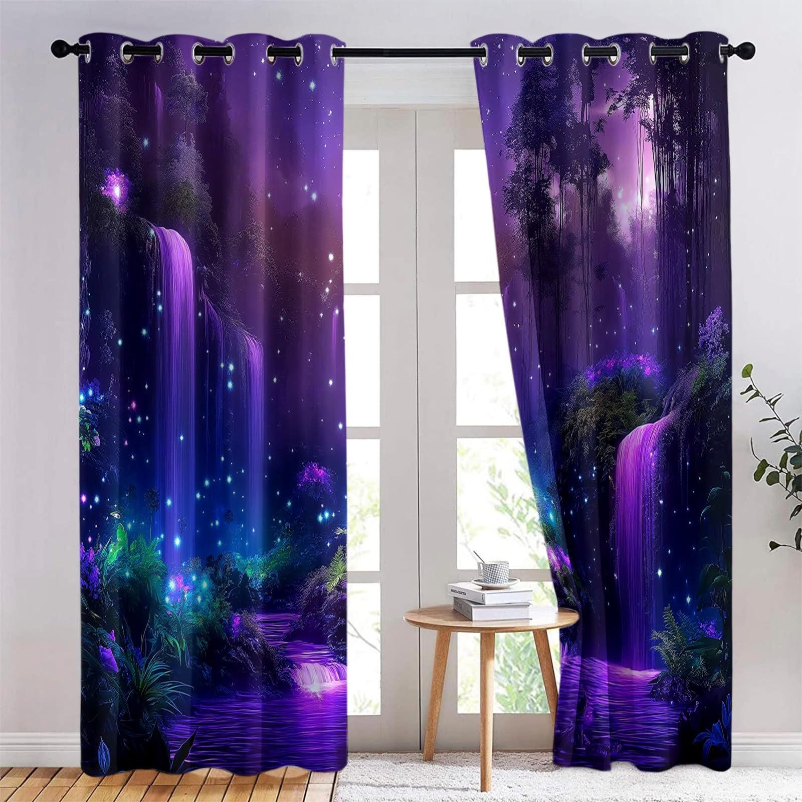 Poliestrowa zasłona zaciemniająca magiczny i jasny las nowoczesne draperie do salonu sypialnia dziecięca, zasłony kuchenne z izolacją termiczną odporne na zimno z oczkami fioletowe 2 panele 140 x 245