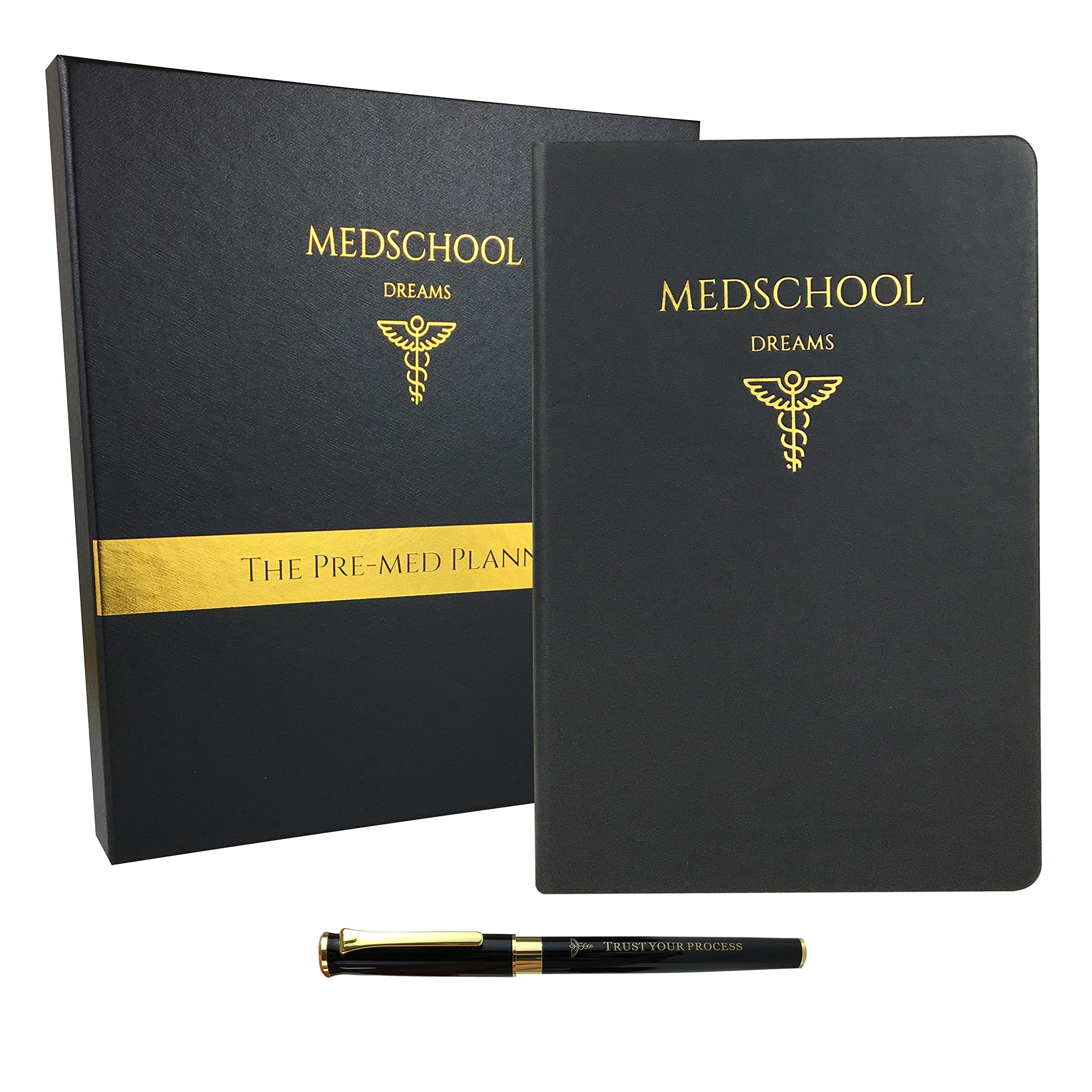 MedSchool Dreams Pre-Med Planner - Guided Journal for Pre-Medical Students - Leather Cover Goal Planner, Ball Point Pen, Gift Box - Increase Your Chances Of Entering Medical School - Black/Gold