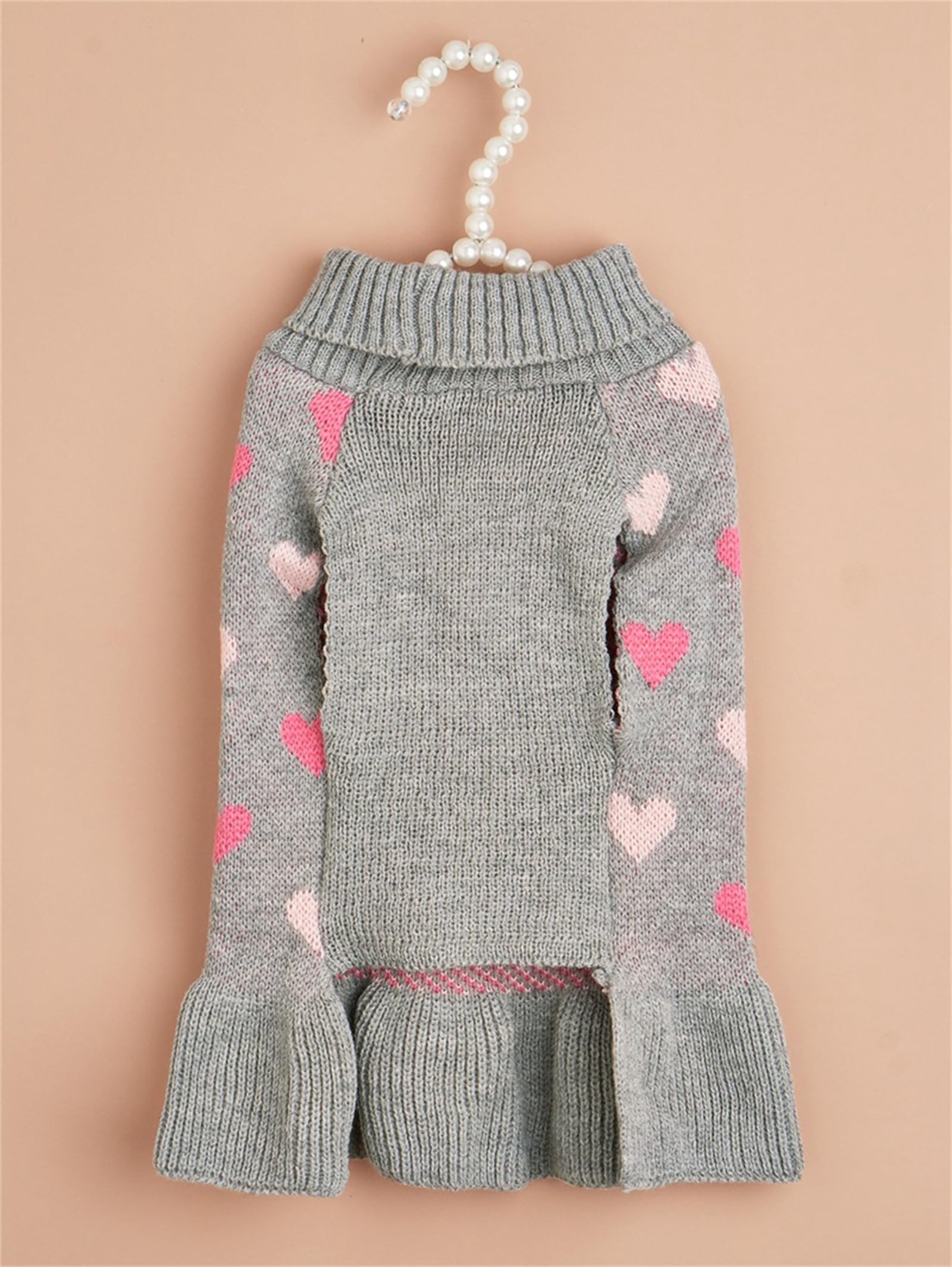 Yaopelky Small Dog Jumper Dress with Heart Pattern Valentine’s Day Puppy Sweaters Knitted Turtleneck Pet Outfits Warm Dog Clothes for Small Dogs Cats (Gray - Image 3