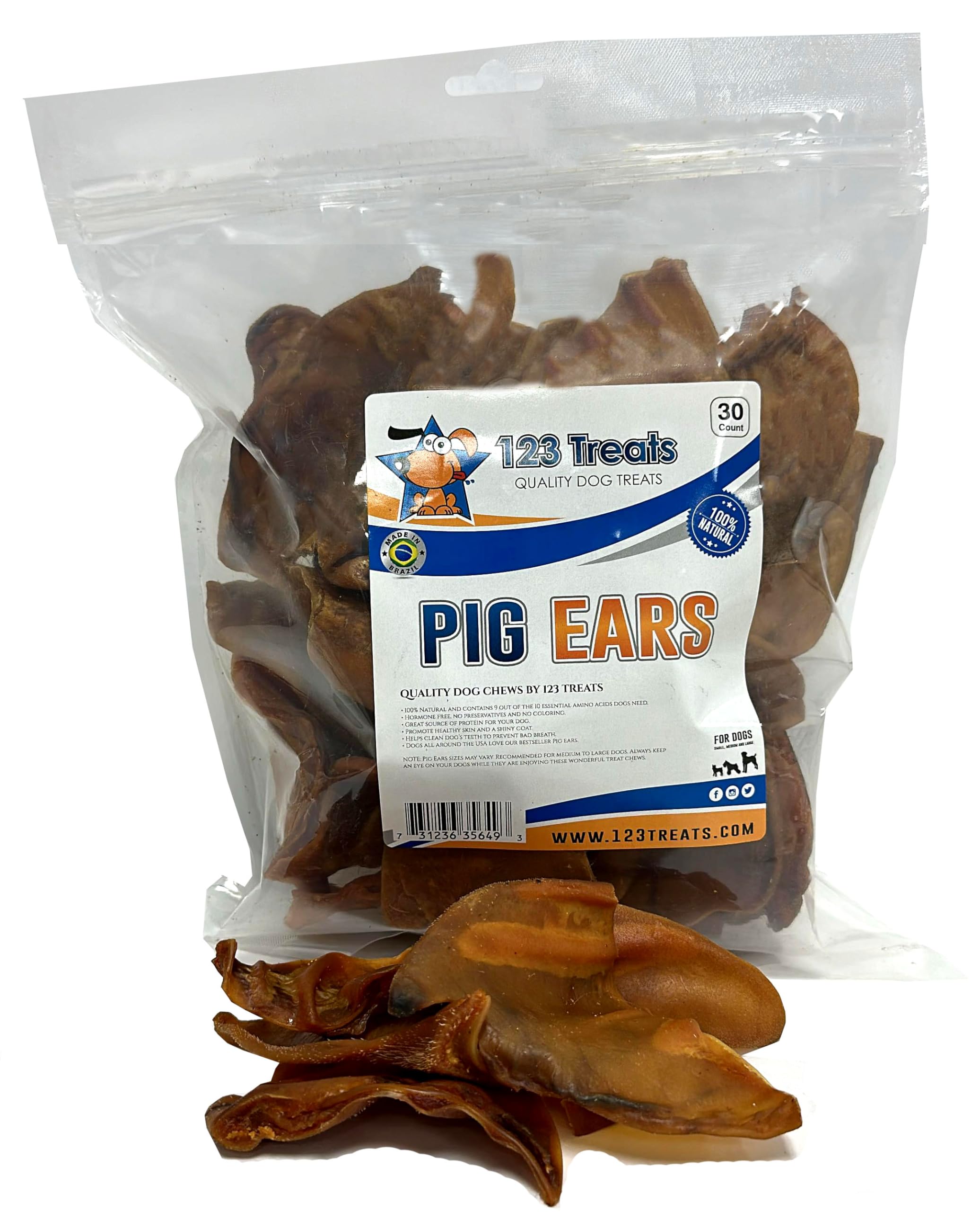 123 Treats Pig Ears for Dogs, 100% Natural Long Lasting Pork Dog Chews, Ideal for All Chewers, Delicious and Healthy Dog Treats, Half Pig Ears (One