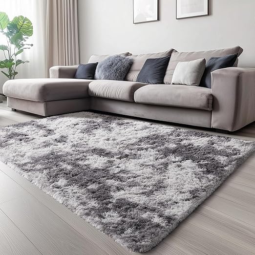 Ophanie Upgrade 4x6 Rugs for Bedroom, Grey&White, Fluffy Shaggy Soft Area Rug, Gray Non-Slip Indoor Floor Carpet for Living Room, Kids Baby Boys Teen Dorm Home Decor Aesthetic, Nursery, Rug