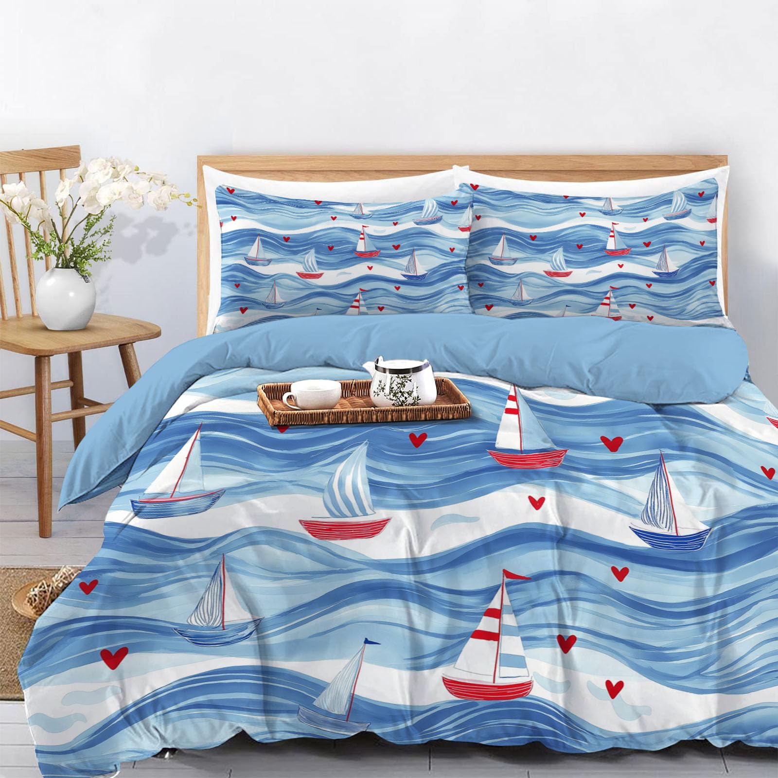Housse de couette 220x240 coeur rouge indigo et taies d'oreiller pour lit 2 personnes