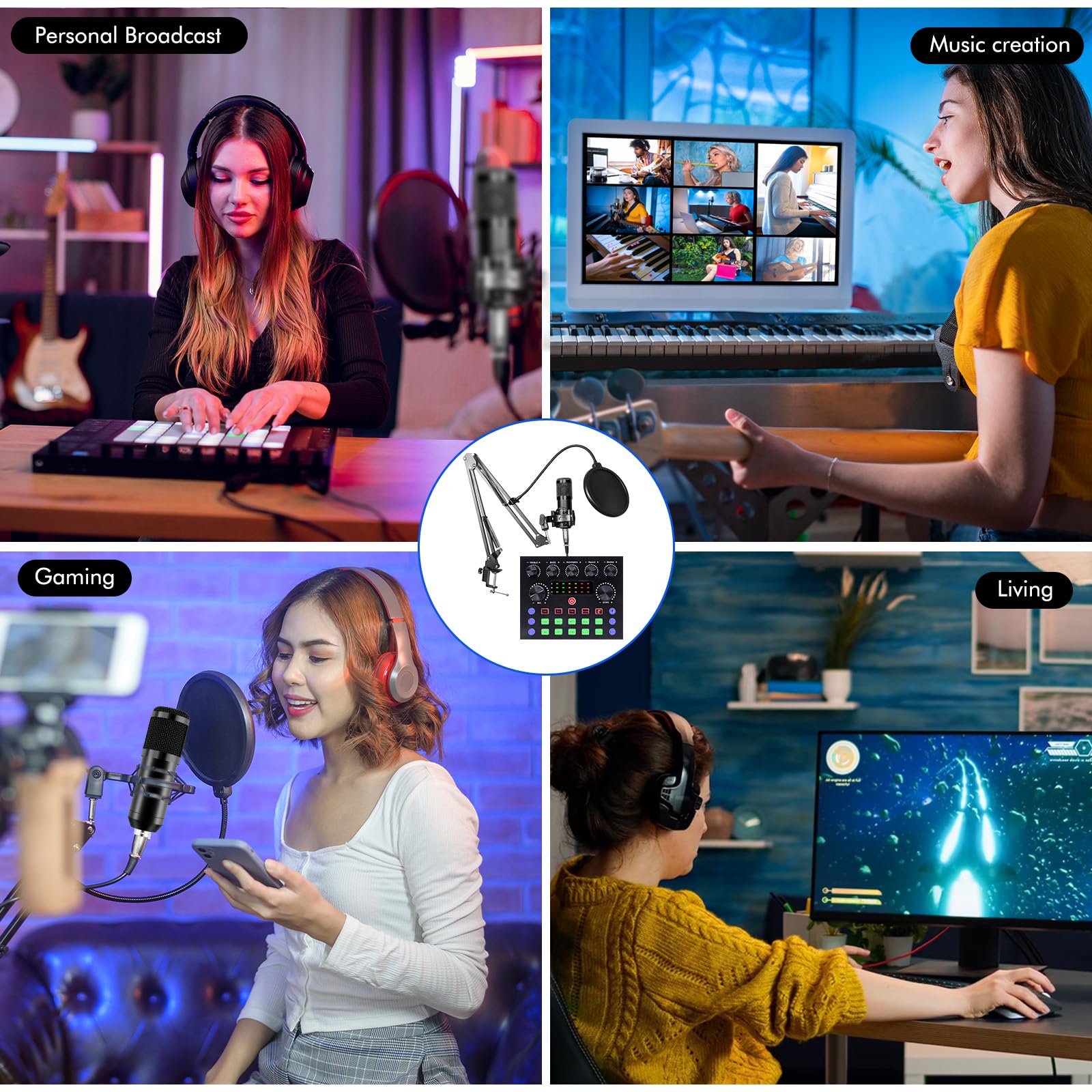 Podcast Equipment Bundle, V8S Sound Card with BM-800 Podcast Microphone and Voice Changer, Studio Microphone Bundle with Adjustable Stand, Suitable for Podcasting, Live Streaming, Recording