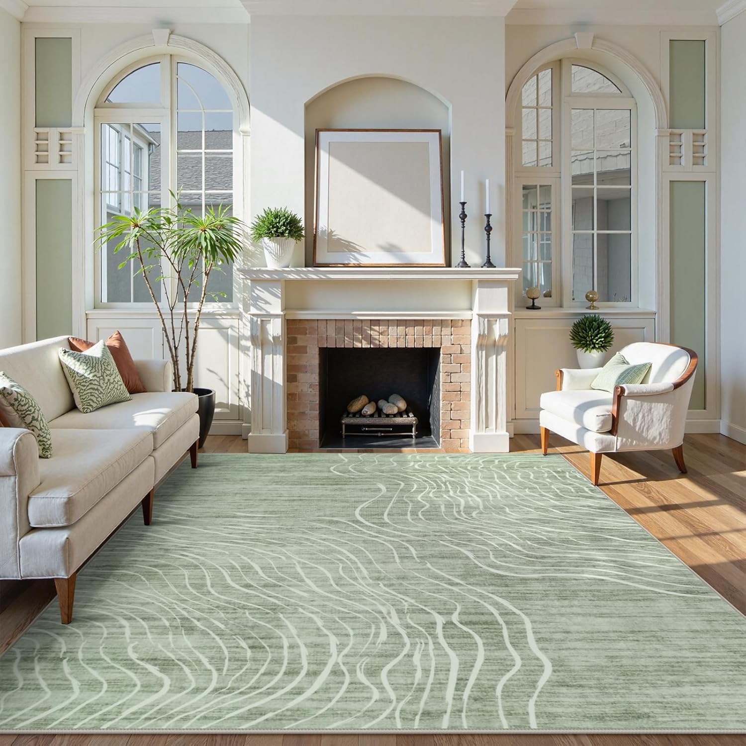 LIVEBOX 8x10 Modern Area Rugs for Living Room, Abstract Non-Slip Washable Rugs, Minimalist Wave Striped Neutral Boys Girl Nursery Area Rug for Bedroom, Carpet for Playroom Office(Sage Green,8'x10') 8' x 10' Green