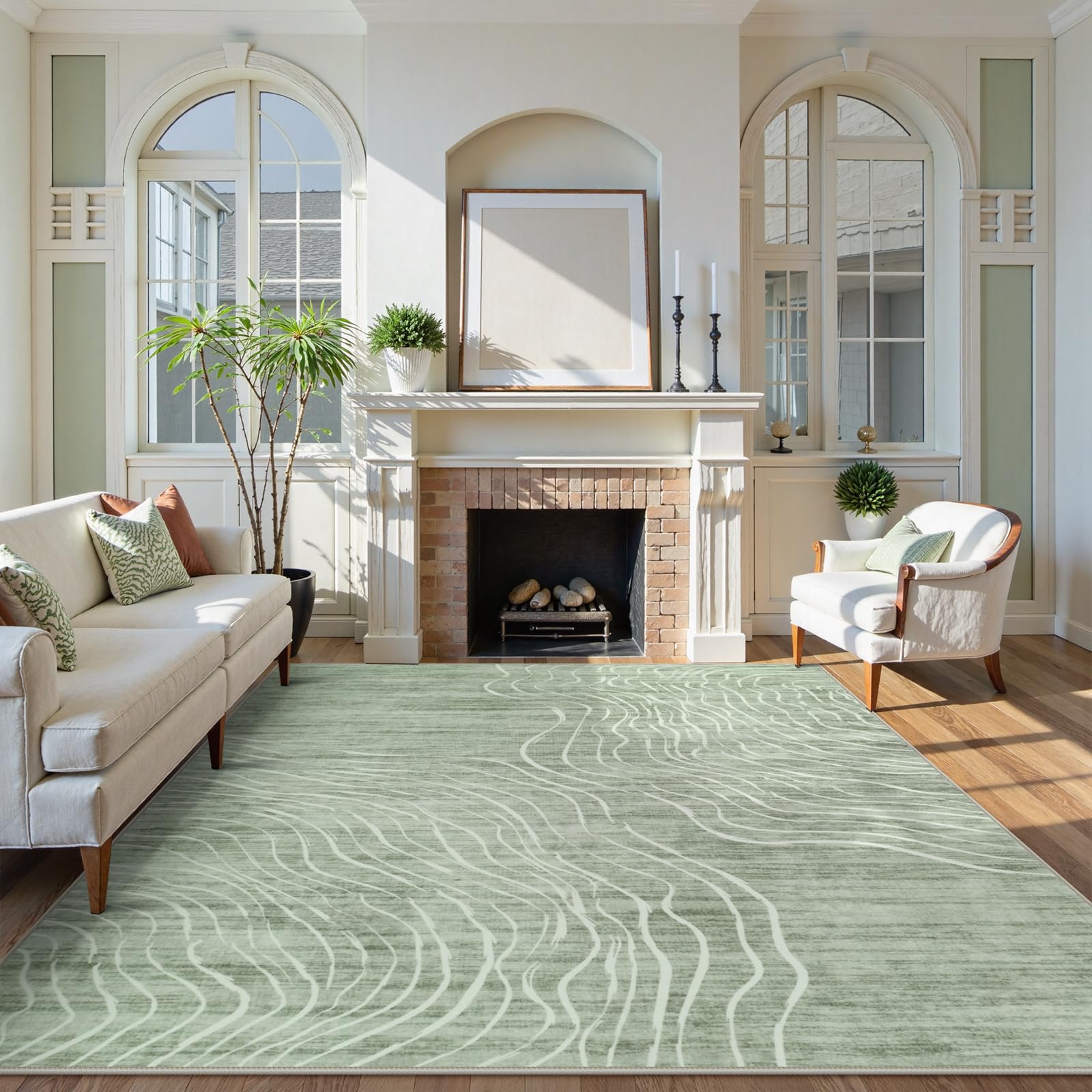 Photo 1 of !!FINAL SALE!!!LIVEBOX 8x10 Modern Area Rugs for Living Room, Abstract Non-Slip Washable Rugs, Minimalist Wave Striped Neutral Boys Girl Nursery Area Rug for Bedroom, Carpet for Playroom Office(Sage Green,8'x10')