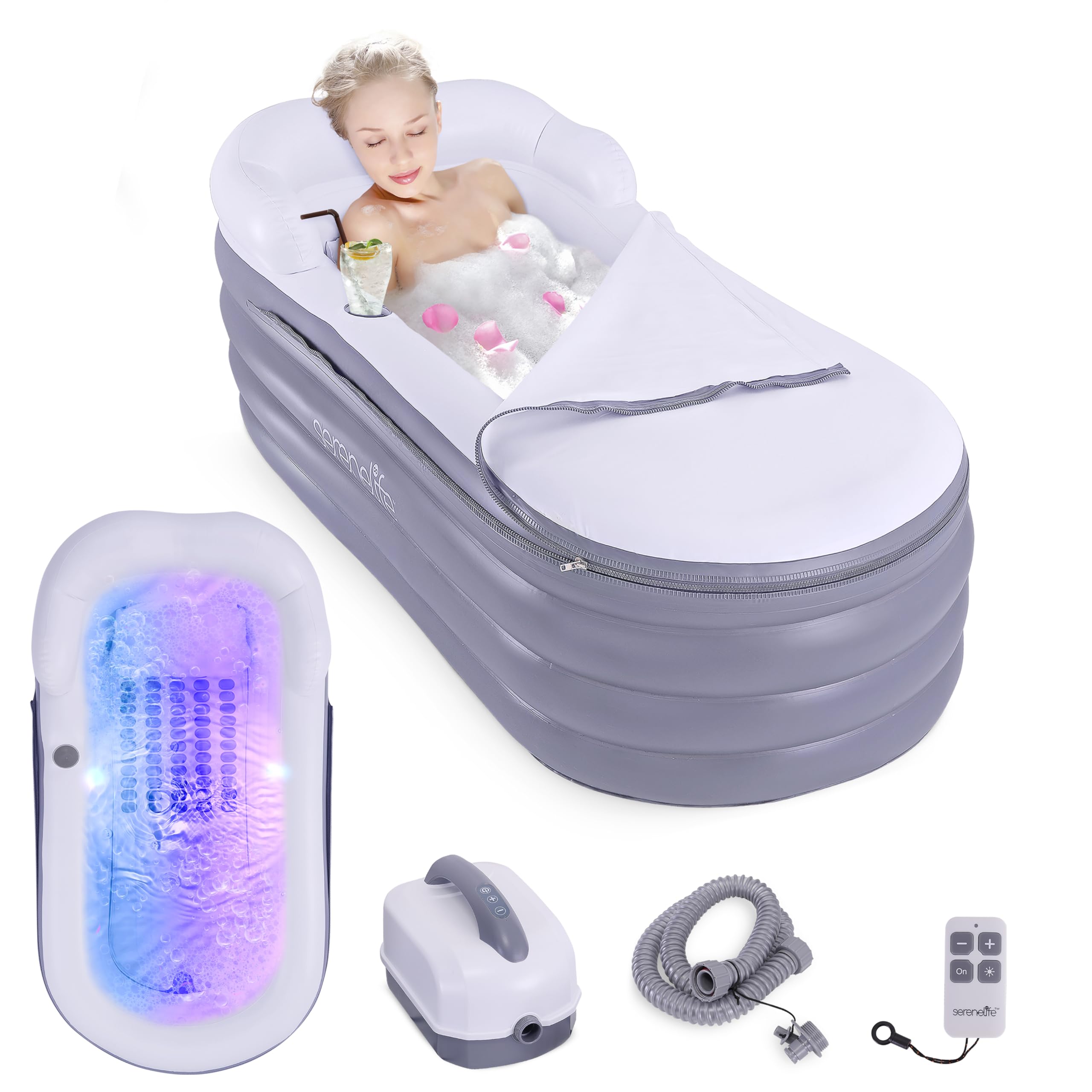 SereneLife Inflatable Portable Bathtub with Bubble Massage Mat, Foldable Spa Bath for Home & Shower, Blow Up Bath for Adults, Compact Folding Design with Armrest, Pillow & Massage Mat