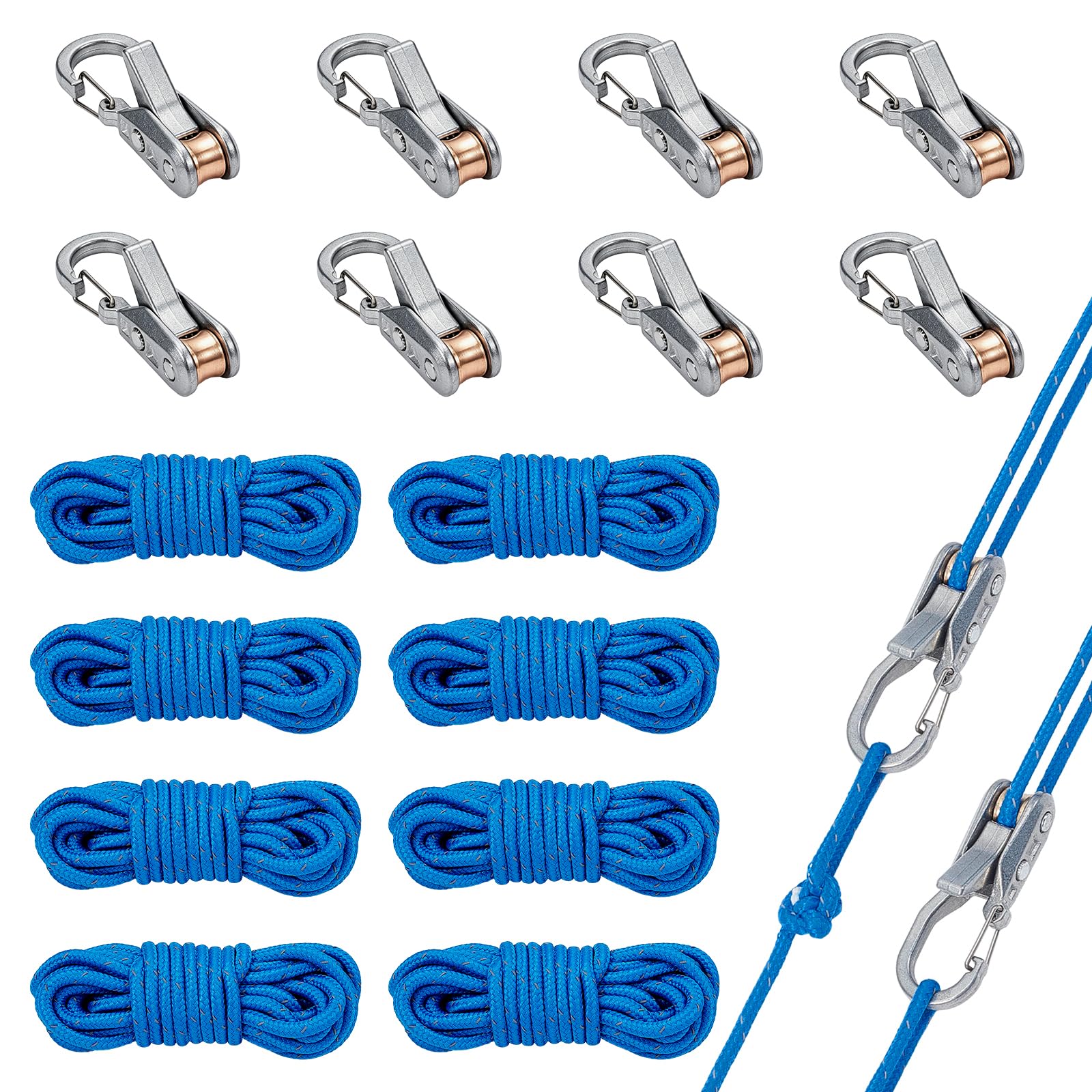 8er-Set Seile mit Seilrollenspanner, Robustes, einziehbares Seilspannwerkzeug, Outdoor-Seilwerkzeug mit arretierbarem Spanner für Camping, Wandern, Bootfahren und den Haushalt