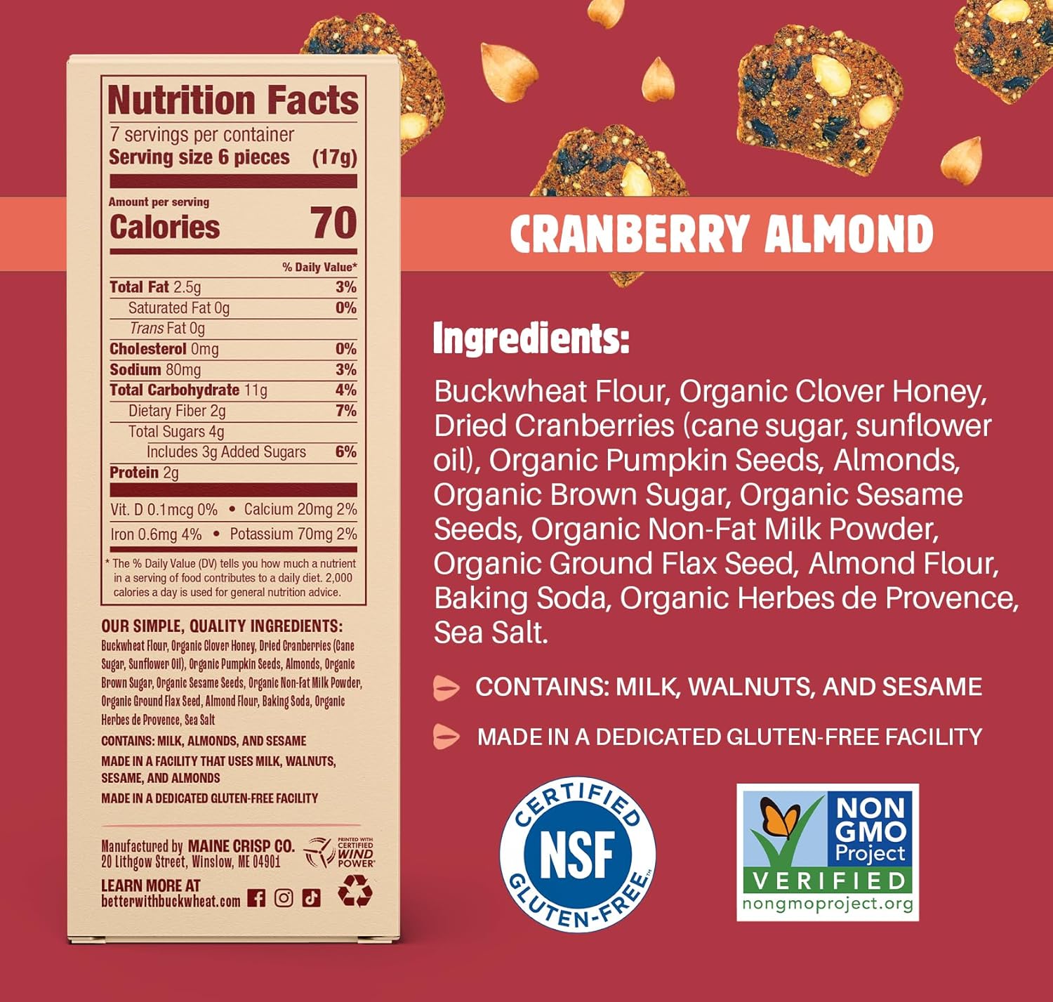 Maine Crisp Cranberry Almond Crisps, 4 Pack - Snack Crackers, Grain Free, Non-Gmo - Sweet & Savory Flavor, for Cheese Boards, Salad Toppings & Jams