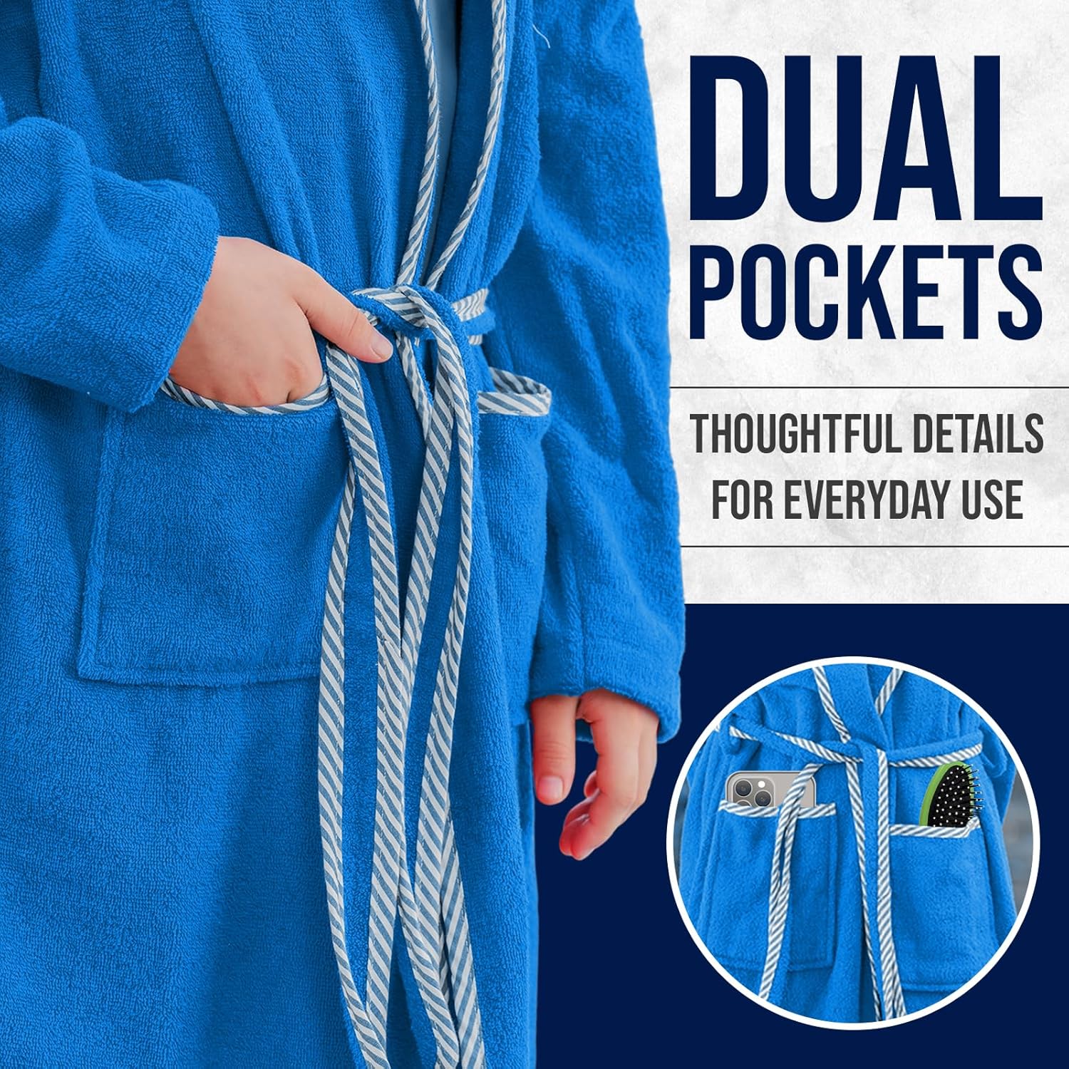 ALLEN & MATE 100% Cotton Kids Bathrobe with Piping – Hooded Towels for Kids, Medium Weight Absorbent Robe for Boys & Girls