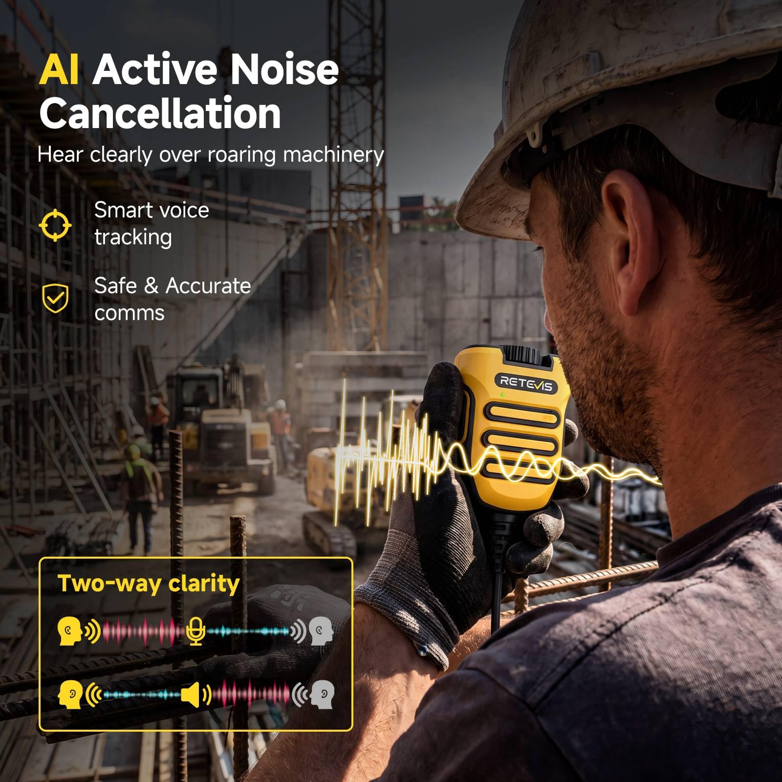 Retevis RB648 - Microfono radio a mano, cancellazione intelligente del rumore, stabile IP67, impermeabile, 1200 mAh, connettore per auricolari USB-C da 3,5 mm, volume regolabile per uso in cantiere (2