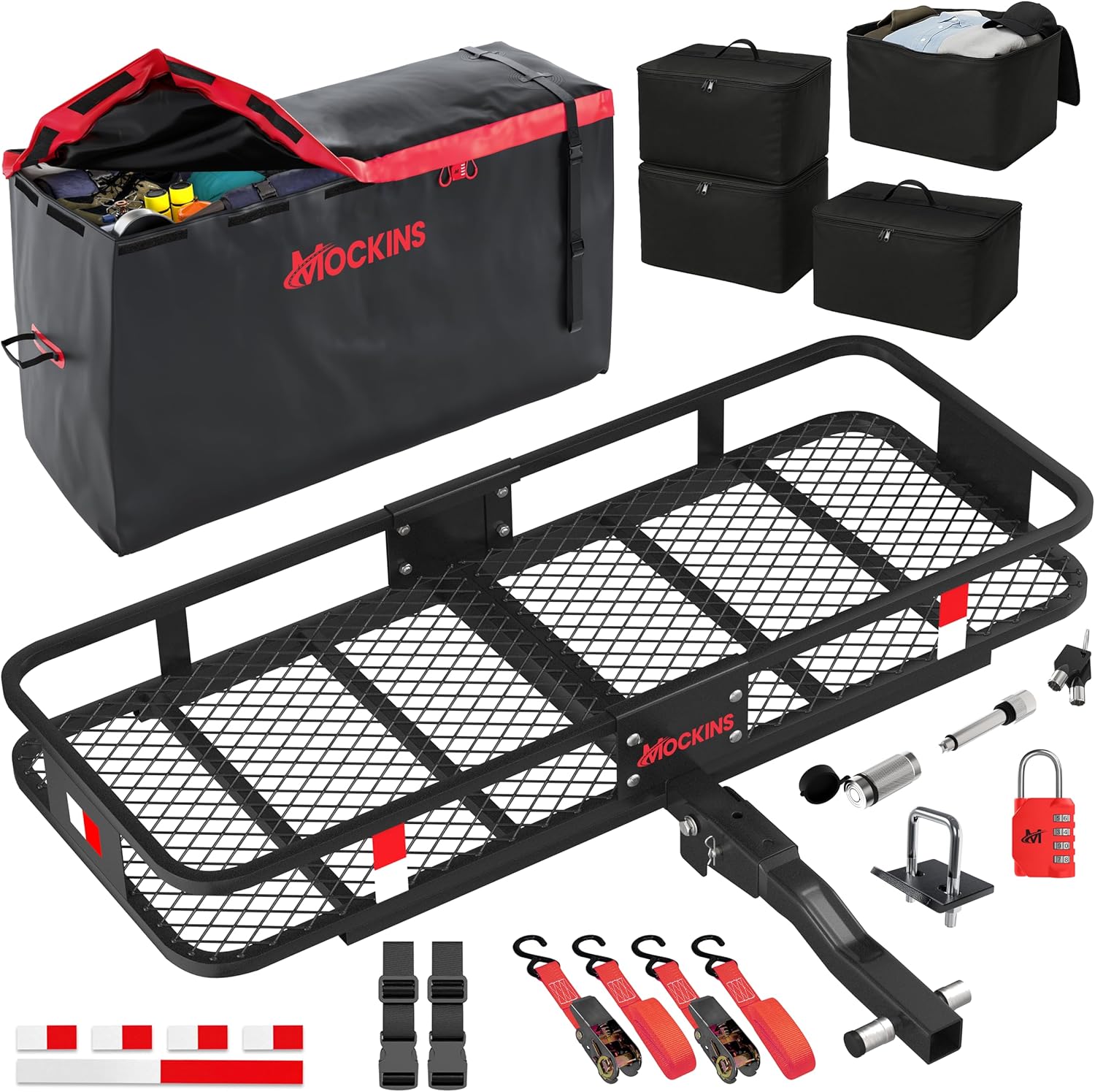 Mockins 48x18x6 Folding Hitch Cargo Carrier with 15 Cu Ft Waterproof Bag, 4 Packing Cubes & Accessories - 500 lbs Capacity