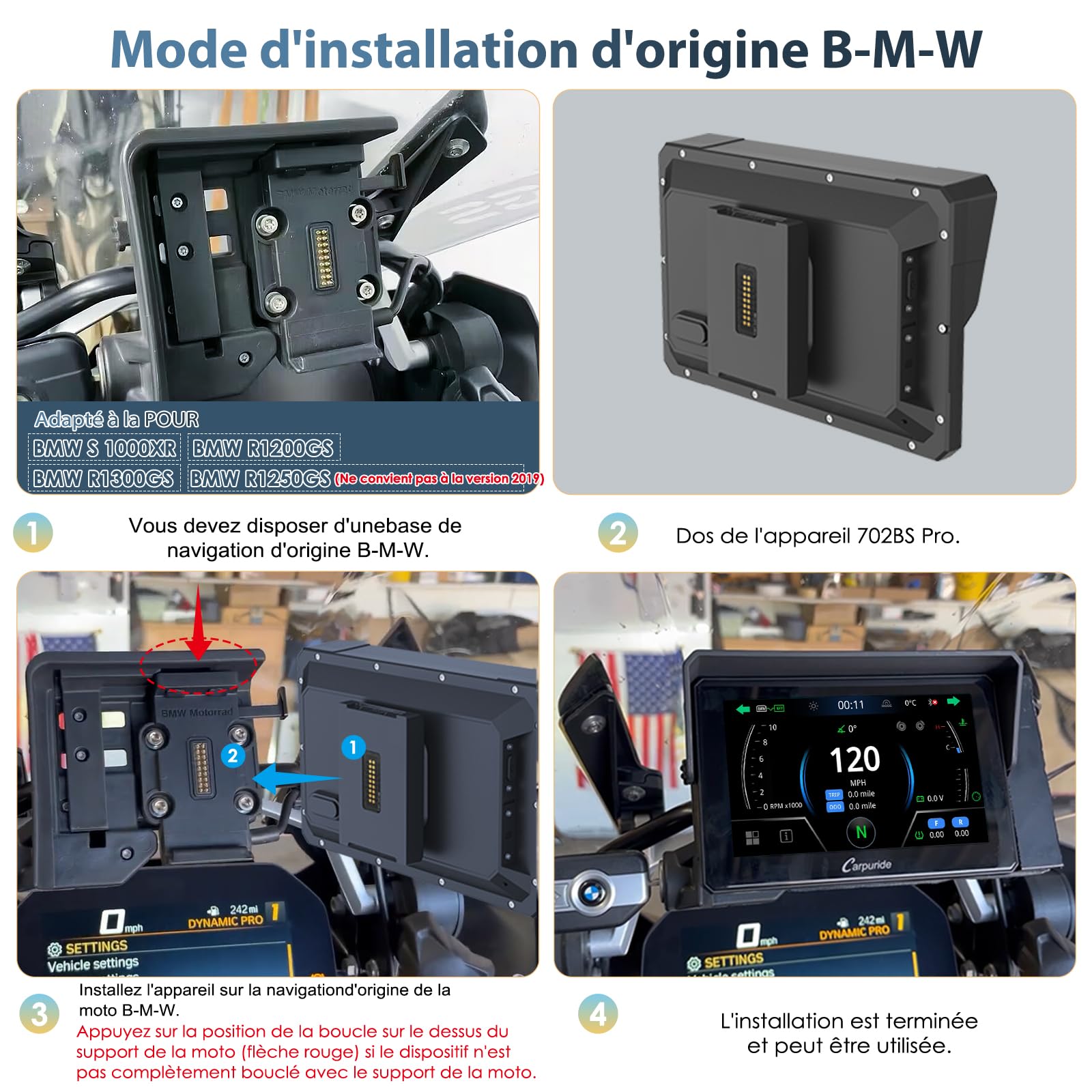Carpuride W702BS Pro Moto Carplay Écran avec Natif Wonder Wheel pour BMW Moto, Sans Fil CarPlay et Android Auto, 7 Pouces Étanche Tactile Écran, Double Bluetooth, Interphone Fonction, Données Lecture.