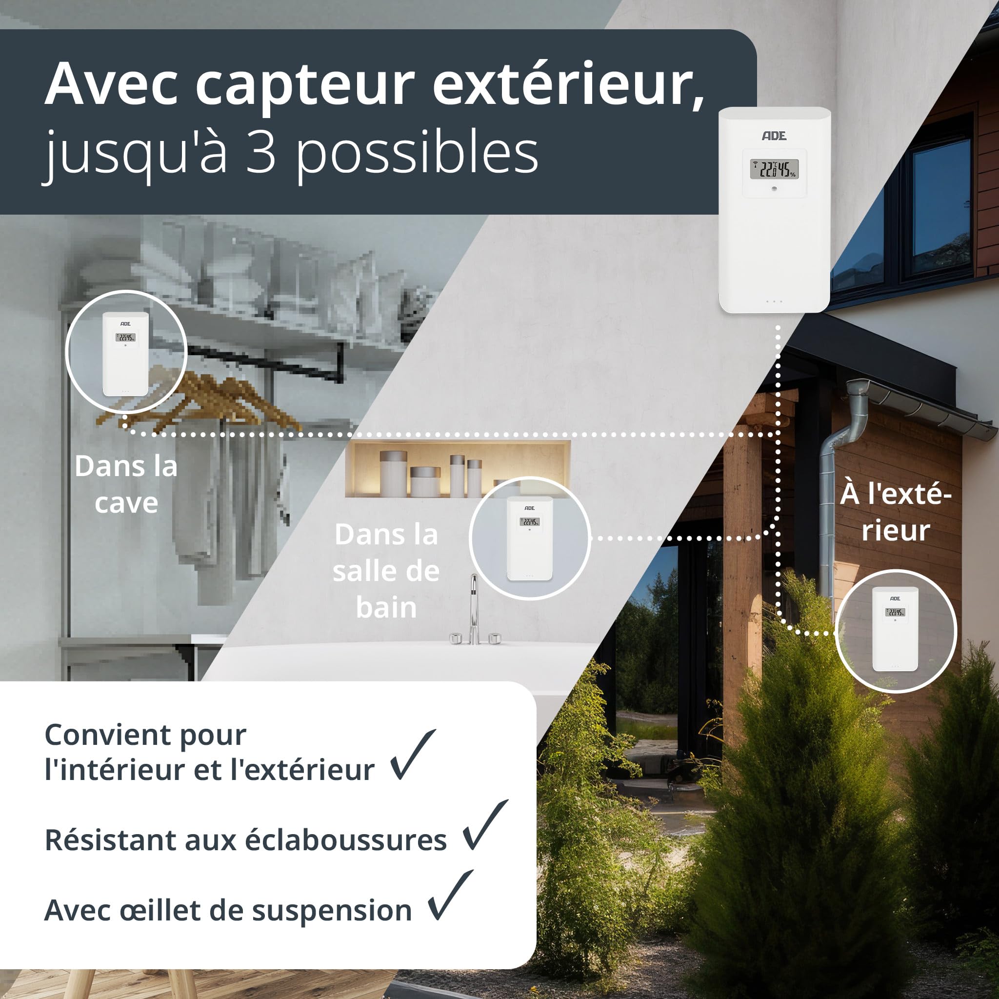 ADE Station météo radiocontrolé avec thermometre interieur | température et humidité intérieure et extérieure avec prévisions météo | Hygromètre et baromètre | réveil avec 2 heures de réveil