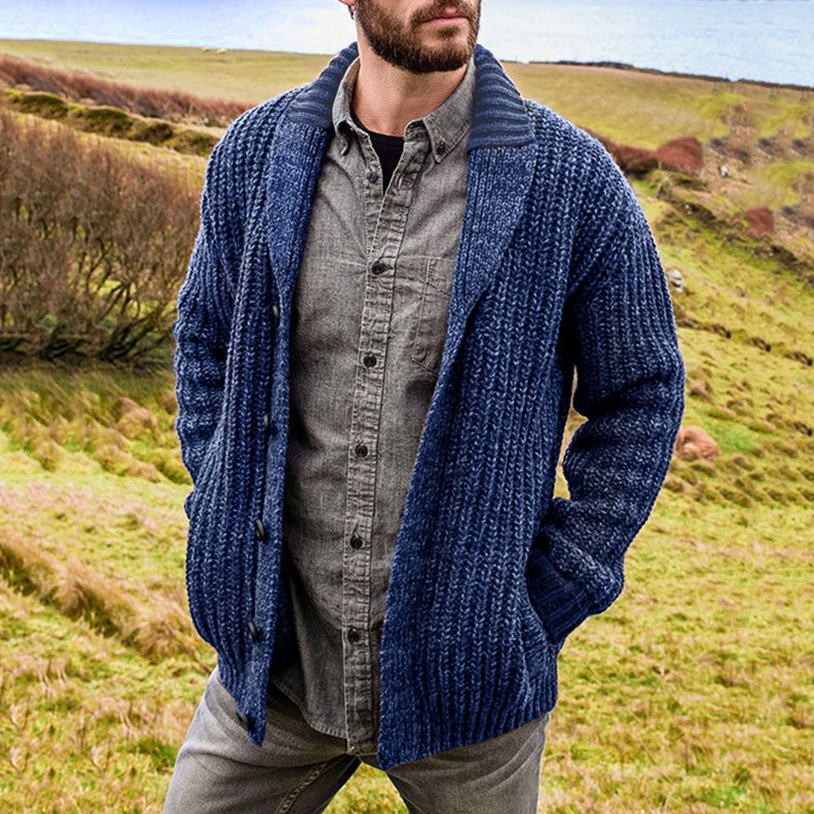 Generisch Strickjacke Herren Schalkragen Zopfstrick Cardigan Knopfleiste Vorne Offen Strickpullover Winterpullover Casual Winter Thermo Sweater Einfarbig Arbeitspullover Herrenpullover