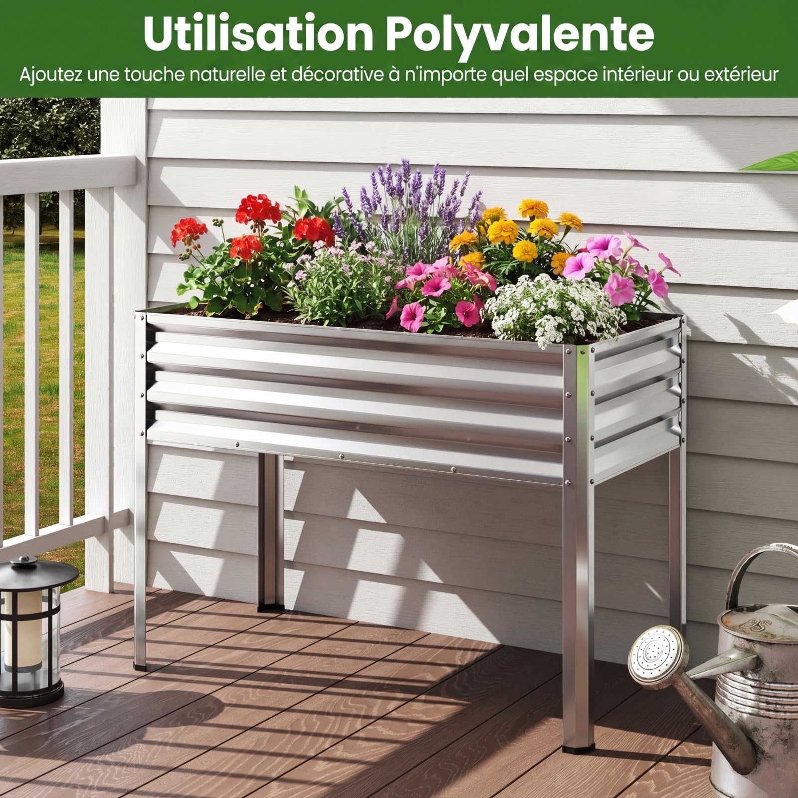 COSTWAY Jardinière Surélevée en Métal 142 L, Carré Potager sur Pied avec Trous Drainage, pour Balcon Terrasse Cour, Lit de Jardin Surélevé pour Légumes Fleurs Fruits, 112 x 55 x 81 cm (Argent)