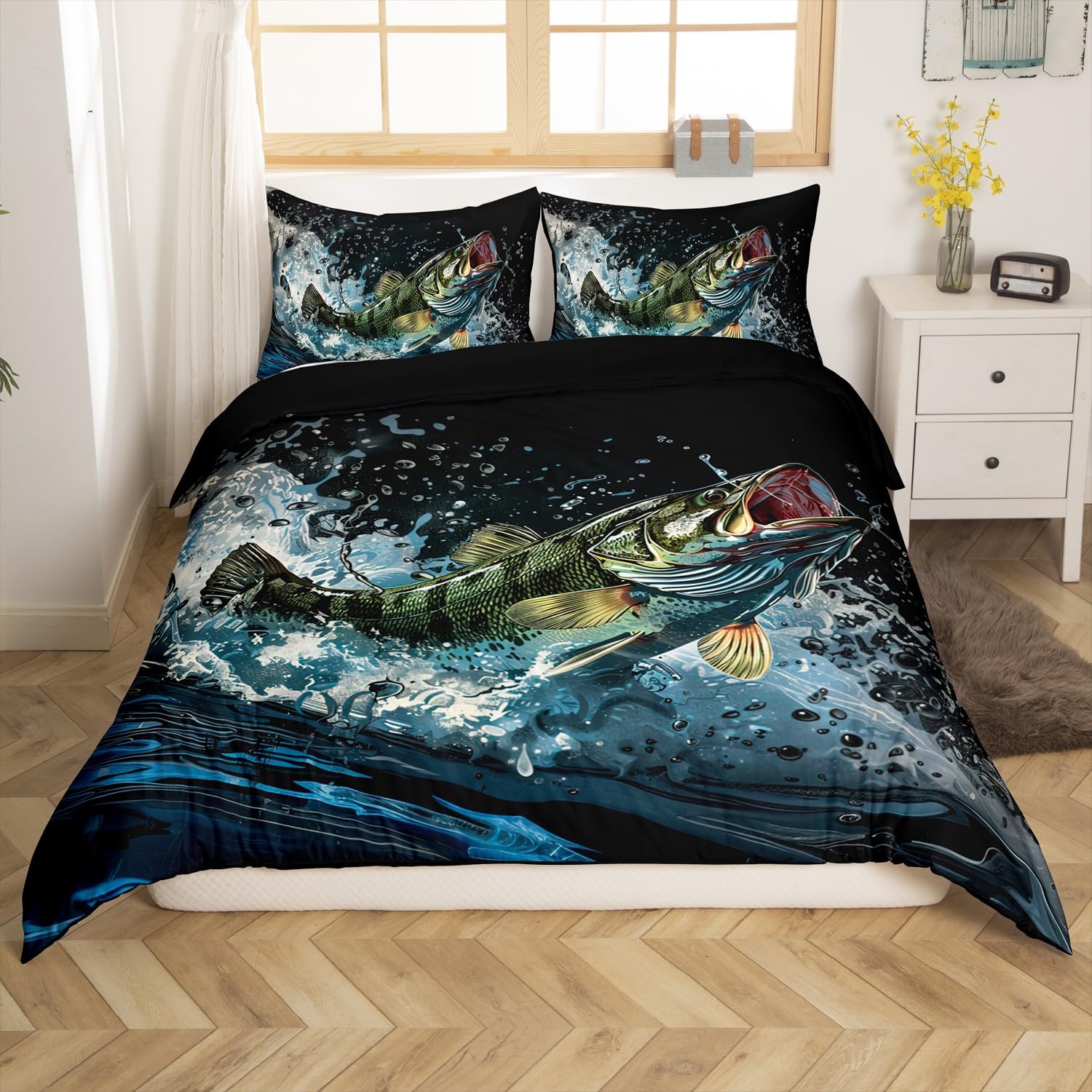 Feelyou Big Pike Fish Duvet Cover Set Bass Big Fish Pattern Hunting and Fishing Themed Bedding Set for Kids Boys Girls Black Underwater Animal Comforter Cover for Independence Day Queen(No Comforter)