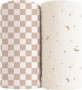 Konssy Muslin Swaddle Blankets for Girls Boys, 2 Pack Receiving Baby Blanket Large 47 x 47 inches, Soft Breathable Swaddling Wrap for Unisex Newborn (Coffee Check,Moon)