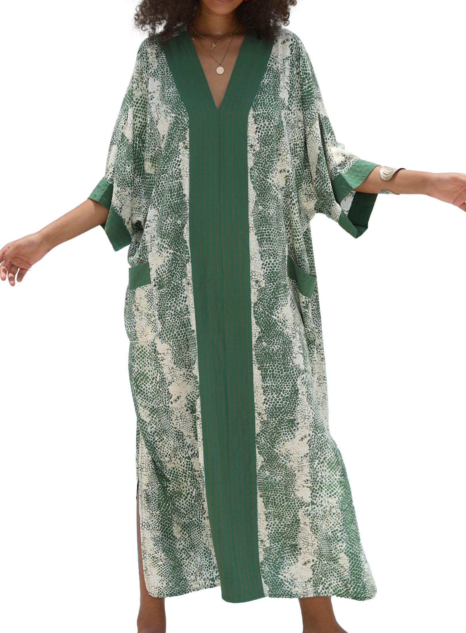 cthseie Women's Kaftan Dress Plus Size V-Neck Pocket Lightweight Coverup Moomoo Nightgown